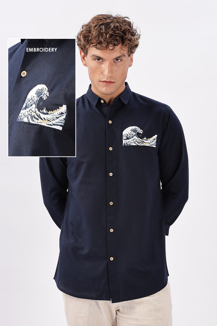 The "Turtle Cove" Wave Cotton Regular Fit Blue Embroidery Shirt