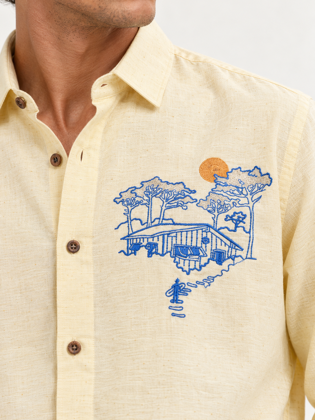 Sunset Retreat Cotton Regular Fit Yellow Embroidered Shirt