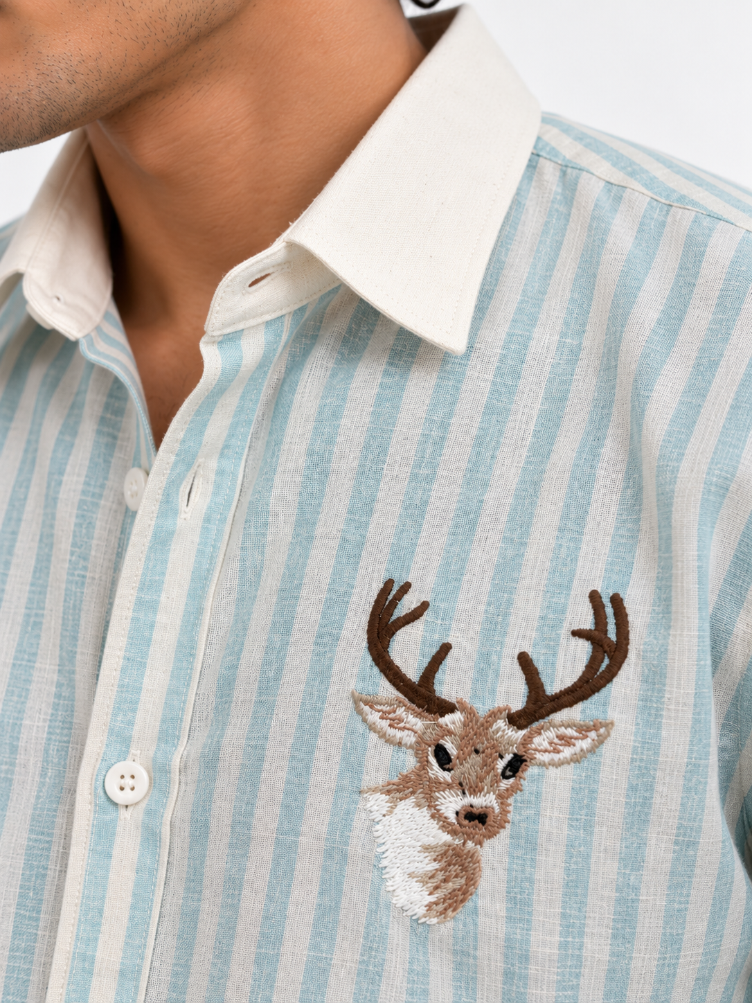 Stag Crest Cotton Regular Fit Sky Blue Striped Embroidered Shirt