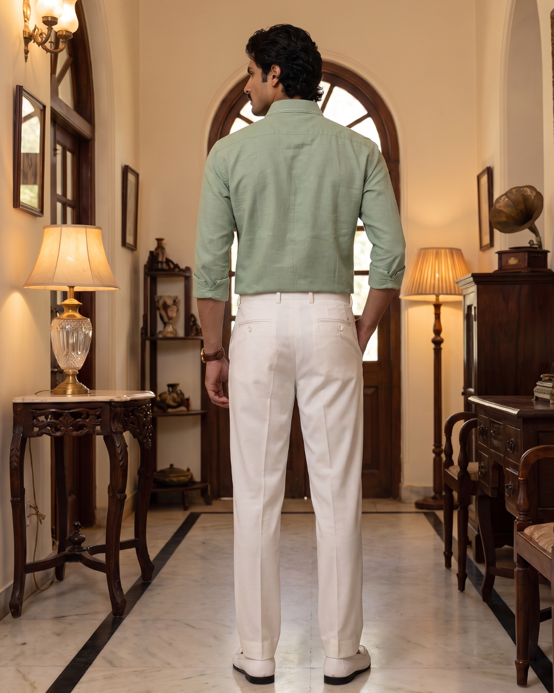 Saddle Stitch Sage Green- Chawal Takka Stitch Spread Collar Shirt