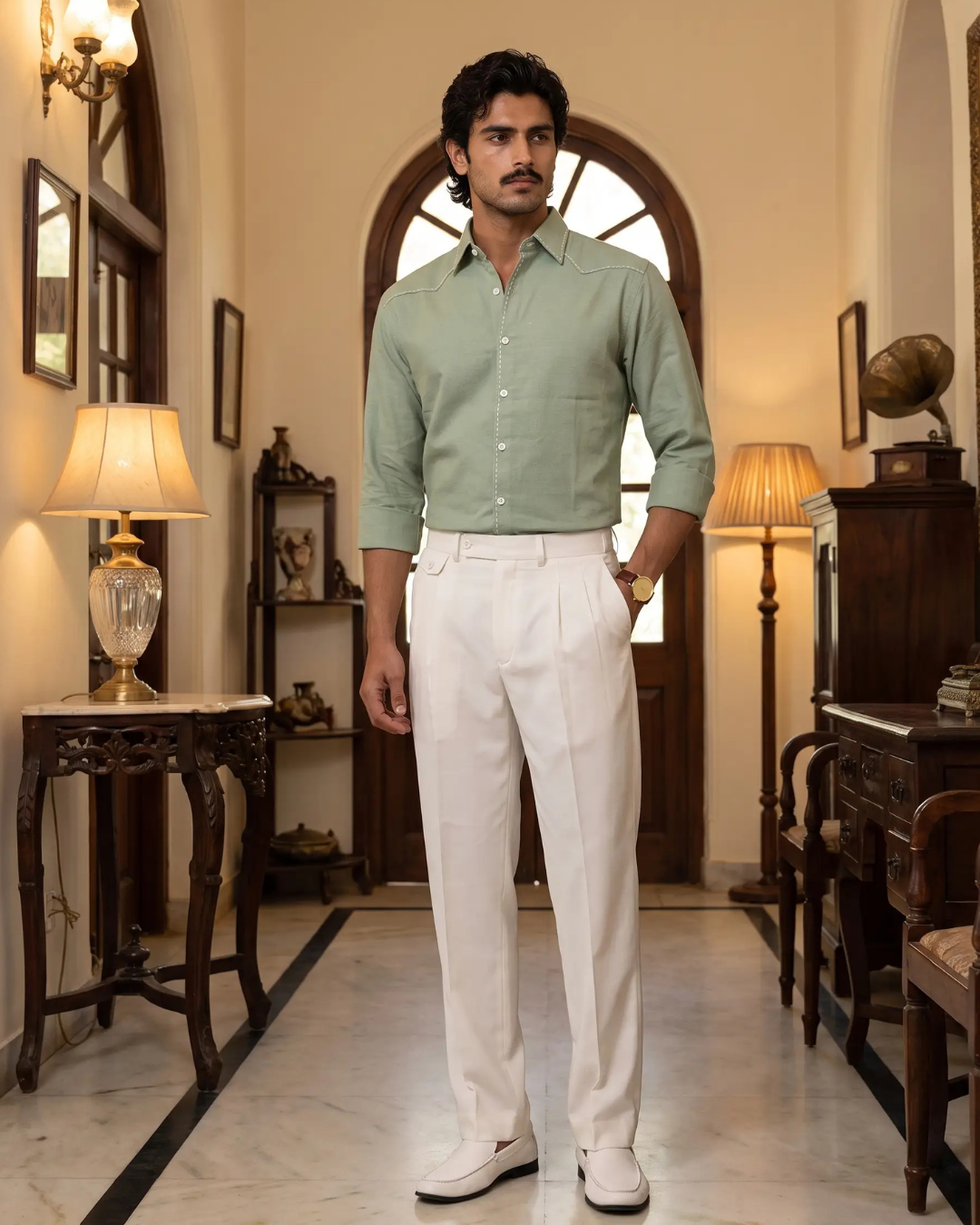 Saddle Stitch Sage Green- Chawal Takka Stitch Spread Collar Shirt