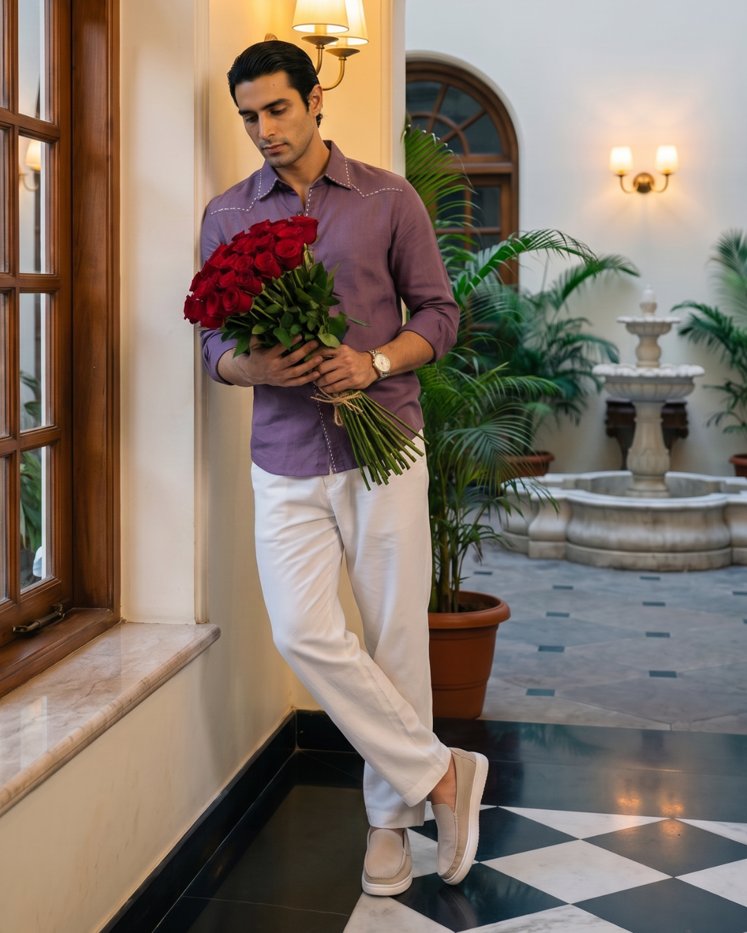 Saddle Stitch Mauve- Chawal Takka Stitch Spread Collar Shirt