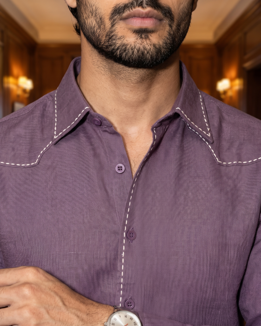 Saddle Stitch Mauve- Chawal Takka Stitch Spread Collar Shirt