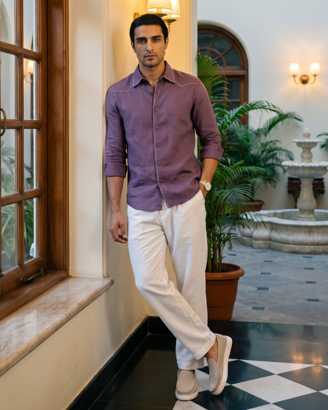 Saddle Stitch Mauve- Chawal Takka Stitch Spread Collar Shirt