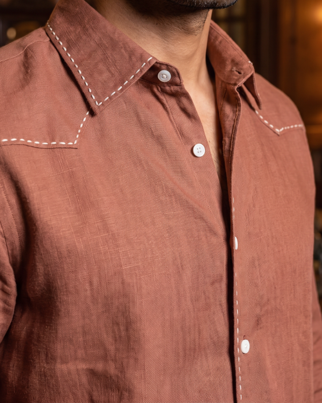 Saddle Stitch Rust- Chawal Takka Stitch Spread Collar Shirt