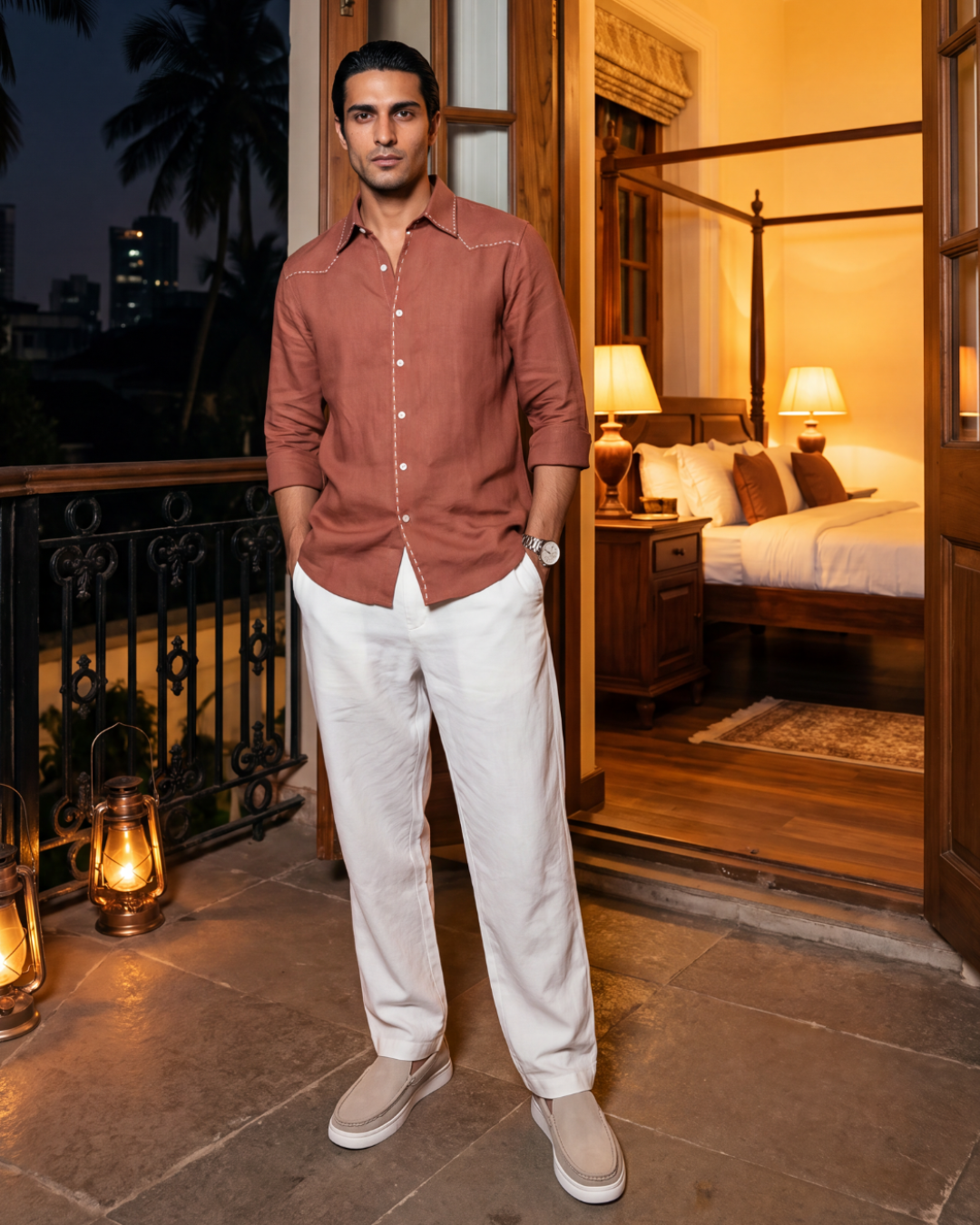 Saddle Stitch Rust- Chawal Takka Stitch Spread Collar Shirt