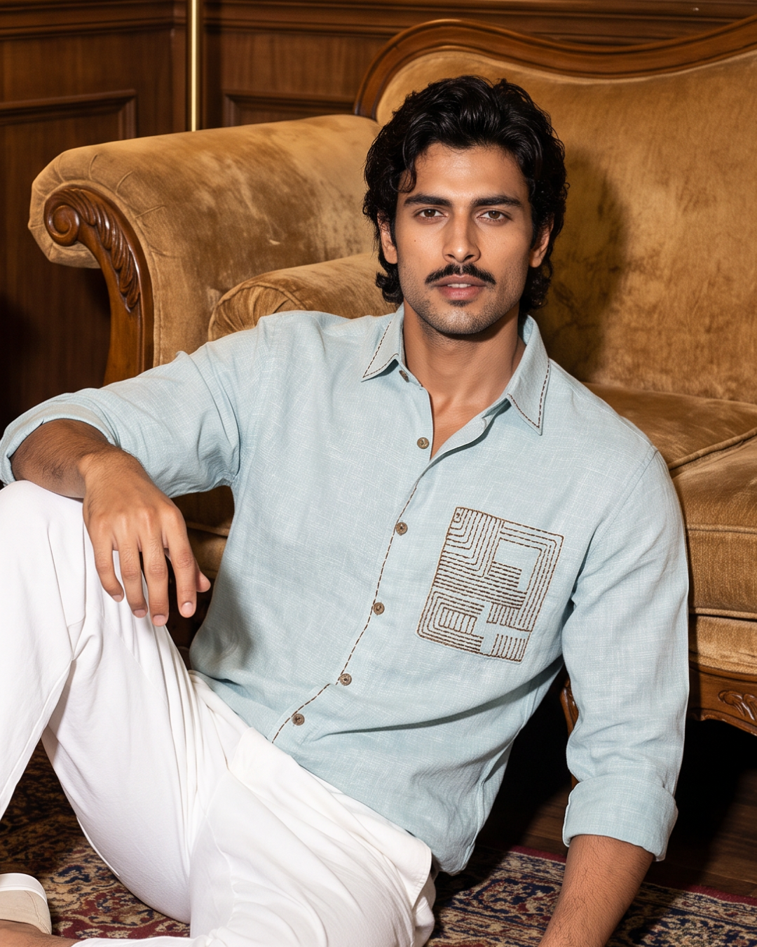 Chawal Takka Stitch- Wide Collar Bespoke Sea Green Shirt