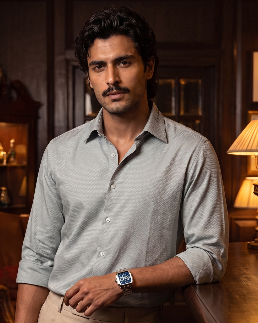 Micro Jacquard Light Grey 100% Cotton Cooper Collar Shirt