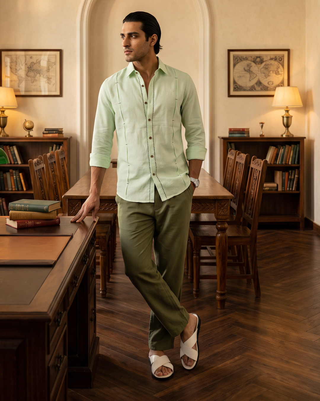Pintuck Panels Green- Contrast Buttons And Chawal Takka Stitch Shirt