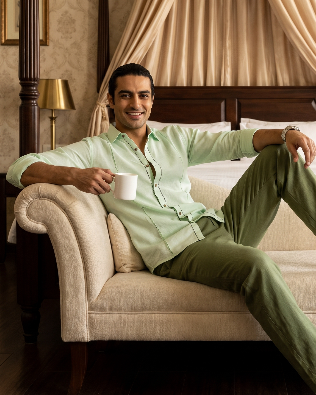 Pintuck Panels Green- Contrast Buttons And Chawal Takka Stitch Shirt
