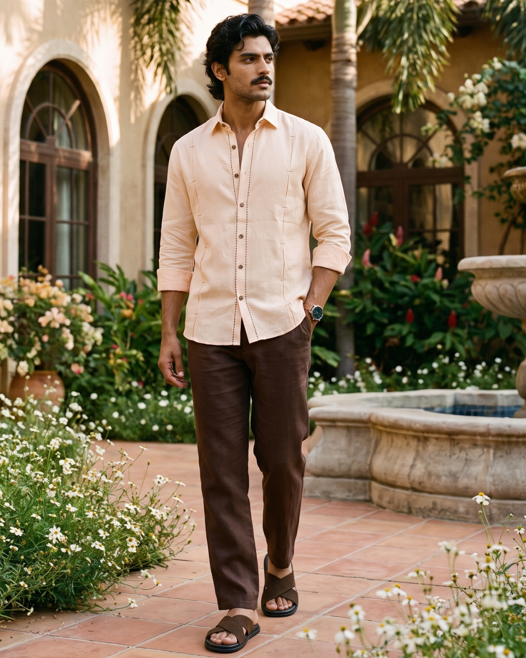 Pintuck Panels Peach - Contrast Buttons And Chawal Takka Stitch Shirt