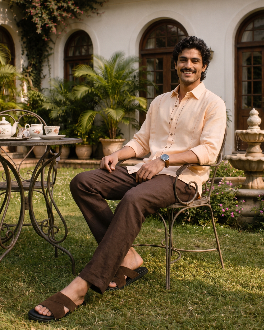 Pintuck Panels Peach - Contrast Buttons And Chawal Takka Stitch Shirt