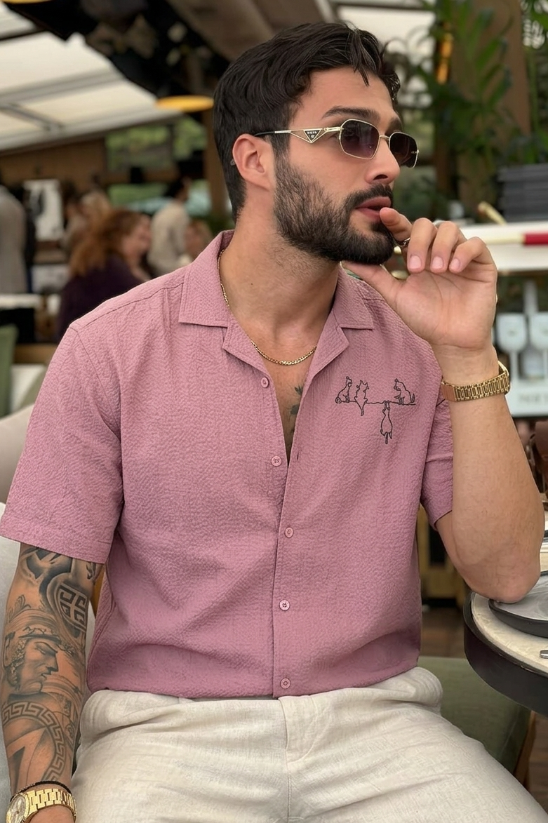 Playful Paws Cotton Box Fit Pink Embroidered Shirt