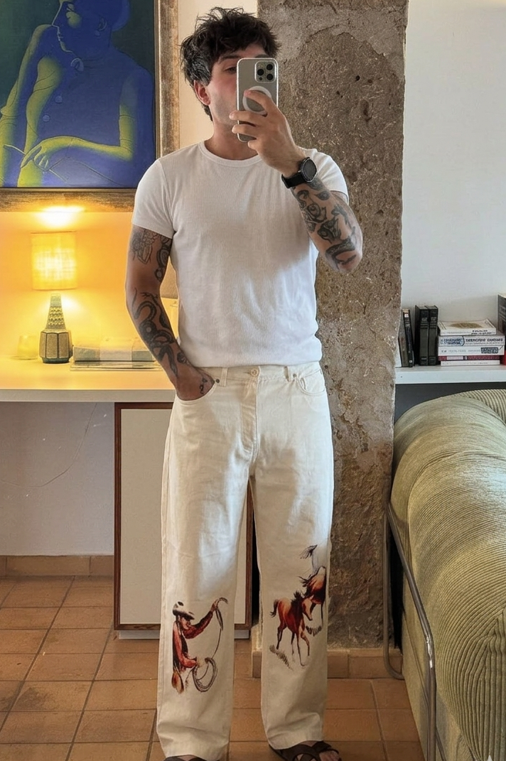 Frontier Spirit Linen Blend Relaxed Fit Beige Printed Pant