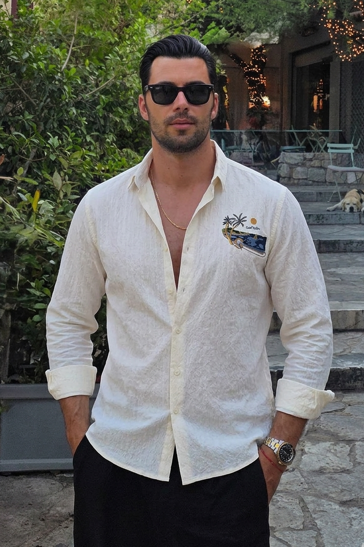 Seaside Postcard Cotton Regular Fit Cream Striped Shirt