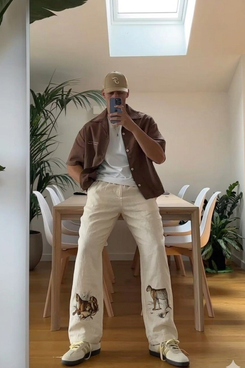 Savannah Trail Linen Style Relaxed Fit Beige Printed Pant