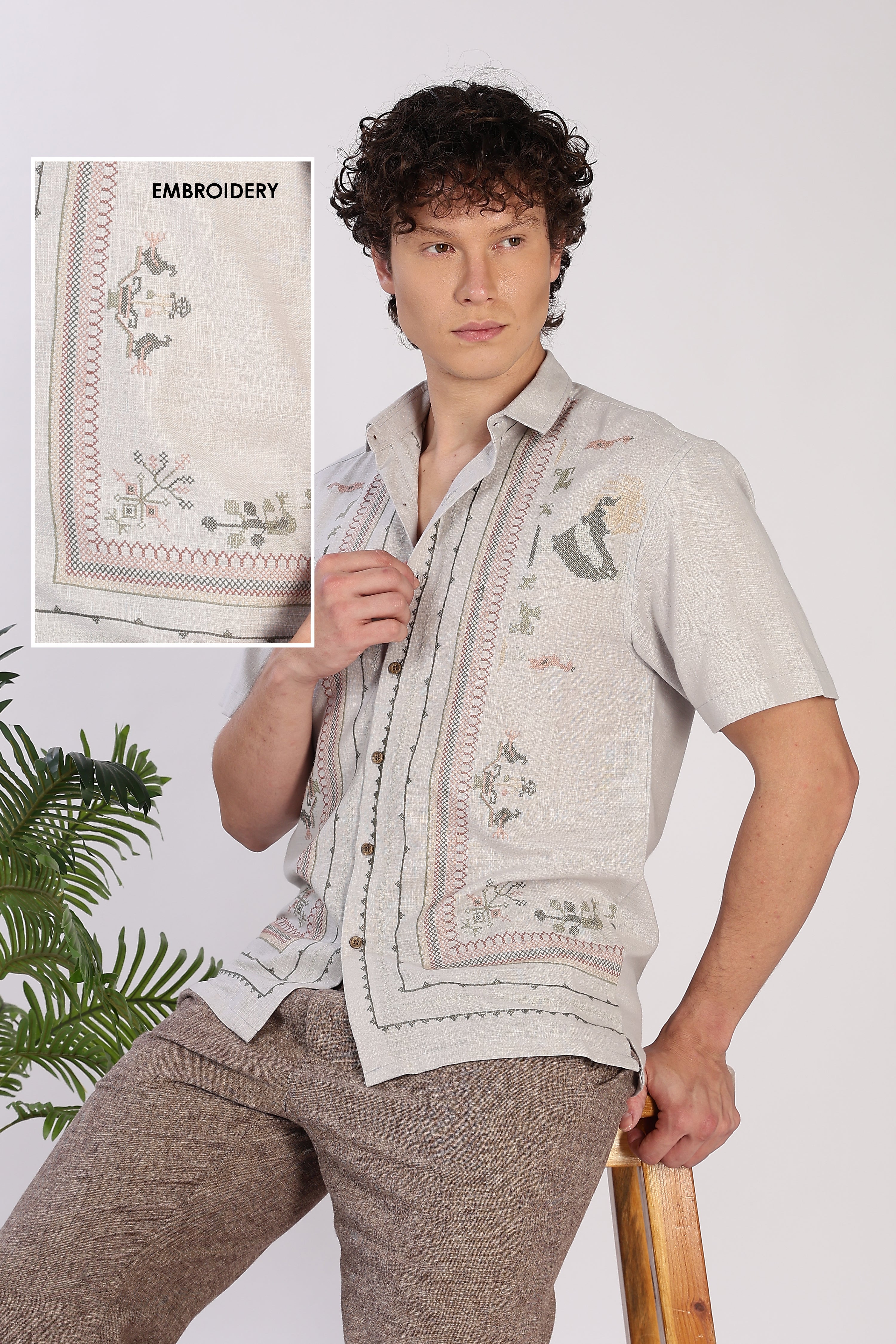 Sands of Sahara Cotton Box Fit Grey Embroidered Shirt