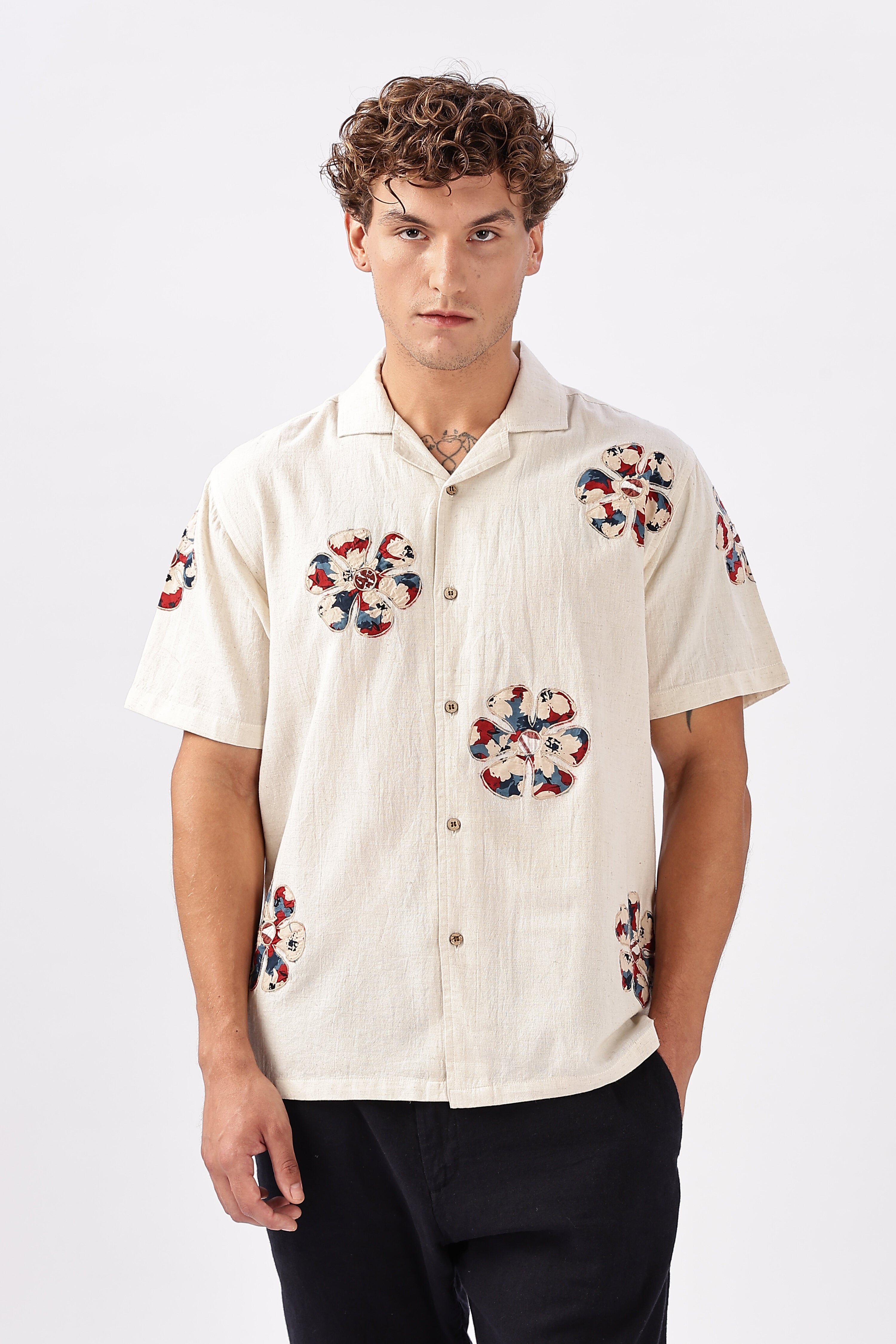 Retro Bloom Cotton Box Fit Beige Printed Shirt