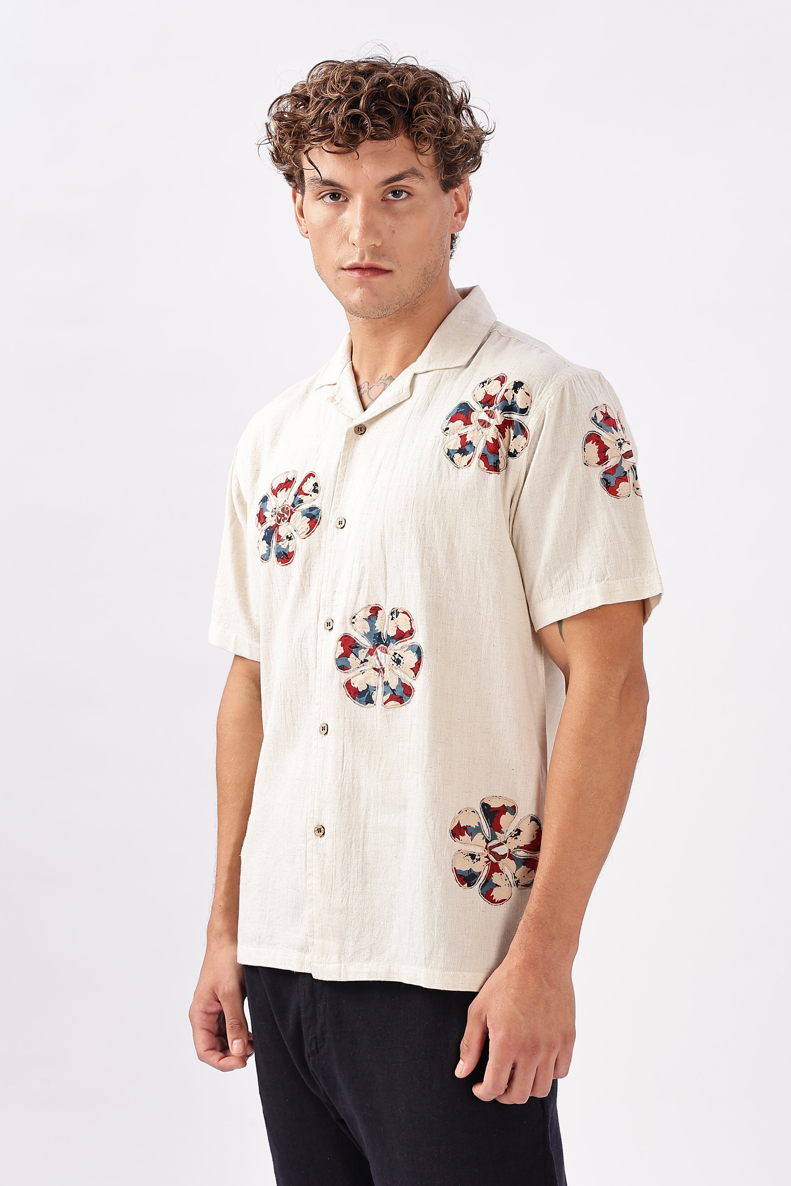 Retro Bloom Cotton Box Fit Beige Printed Shirt