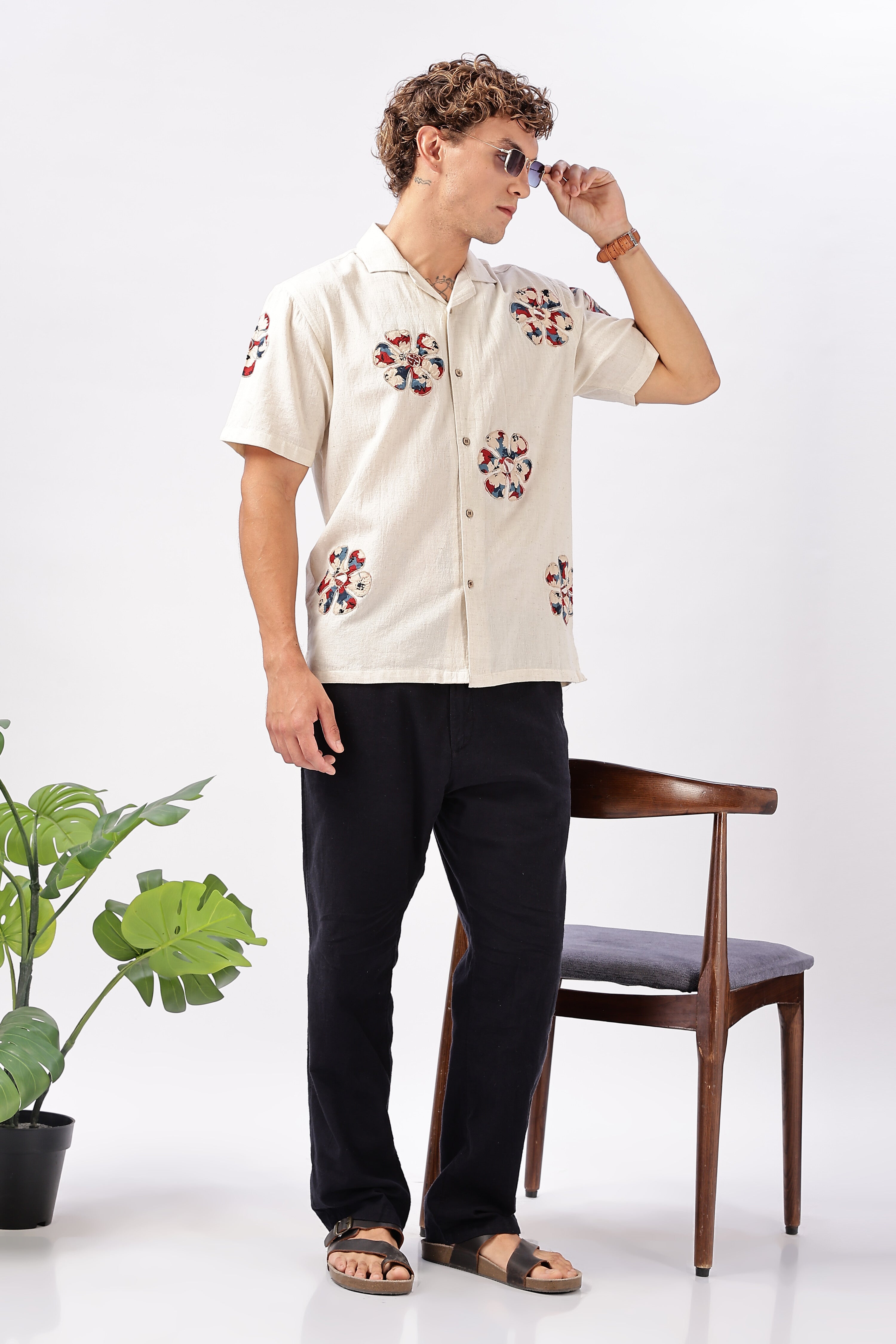Retro Bloom Cotton Box Fit Beige Printed Shirt