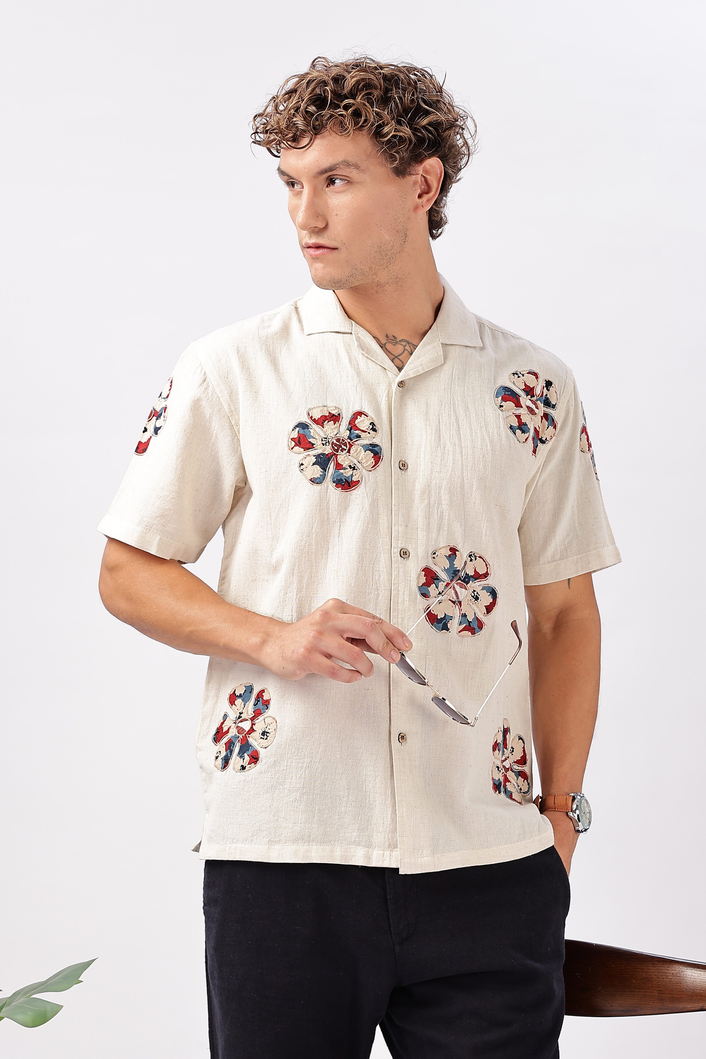 Retro Bloom Cotton Box Fit Beige Printed Shirt
