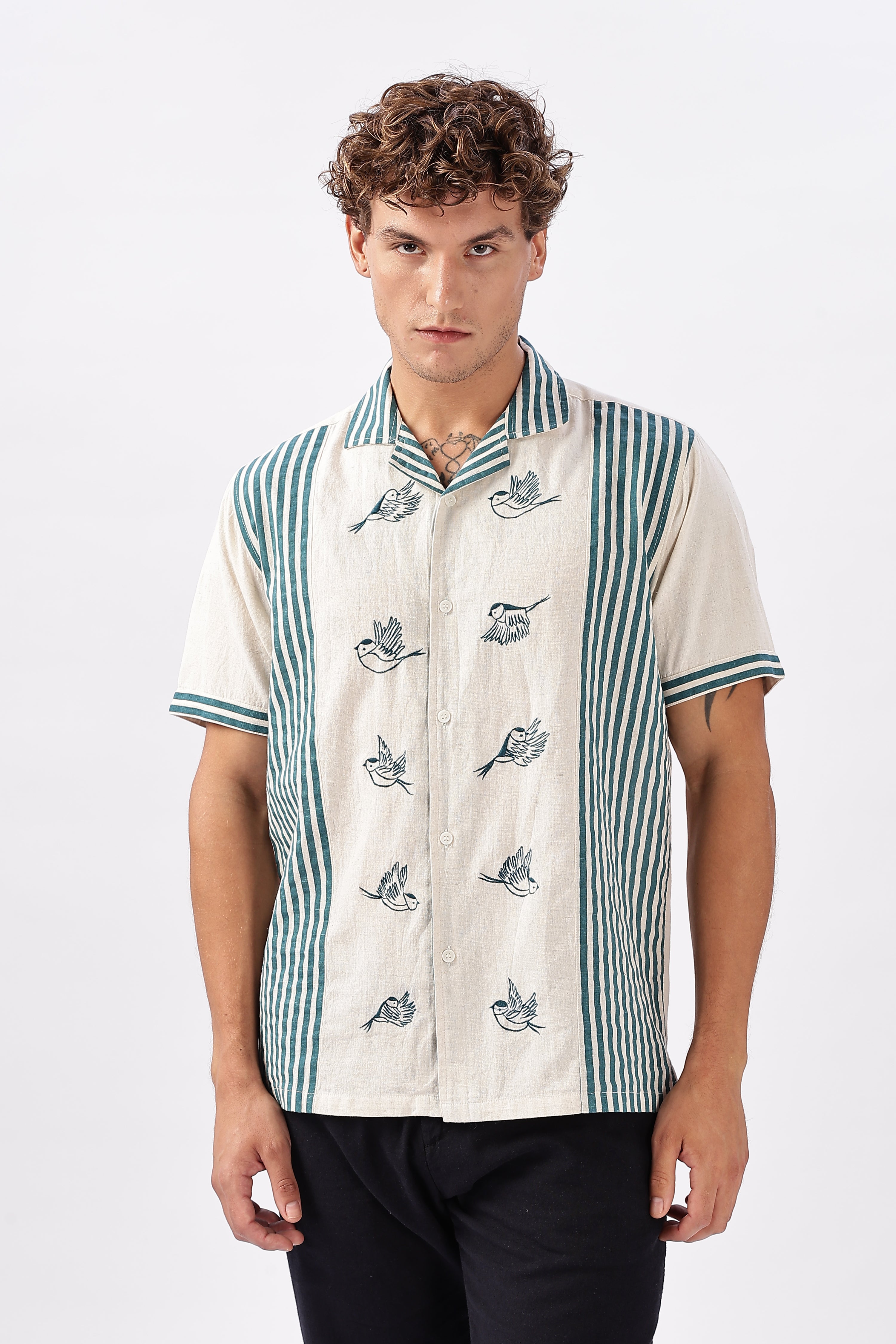 Soaring Sparrow Cotton Regular Fit Beige Embroidered Shirt
