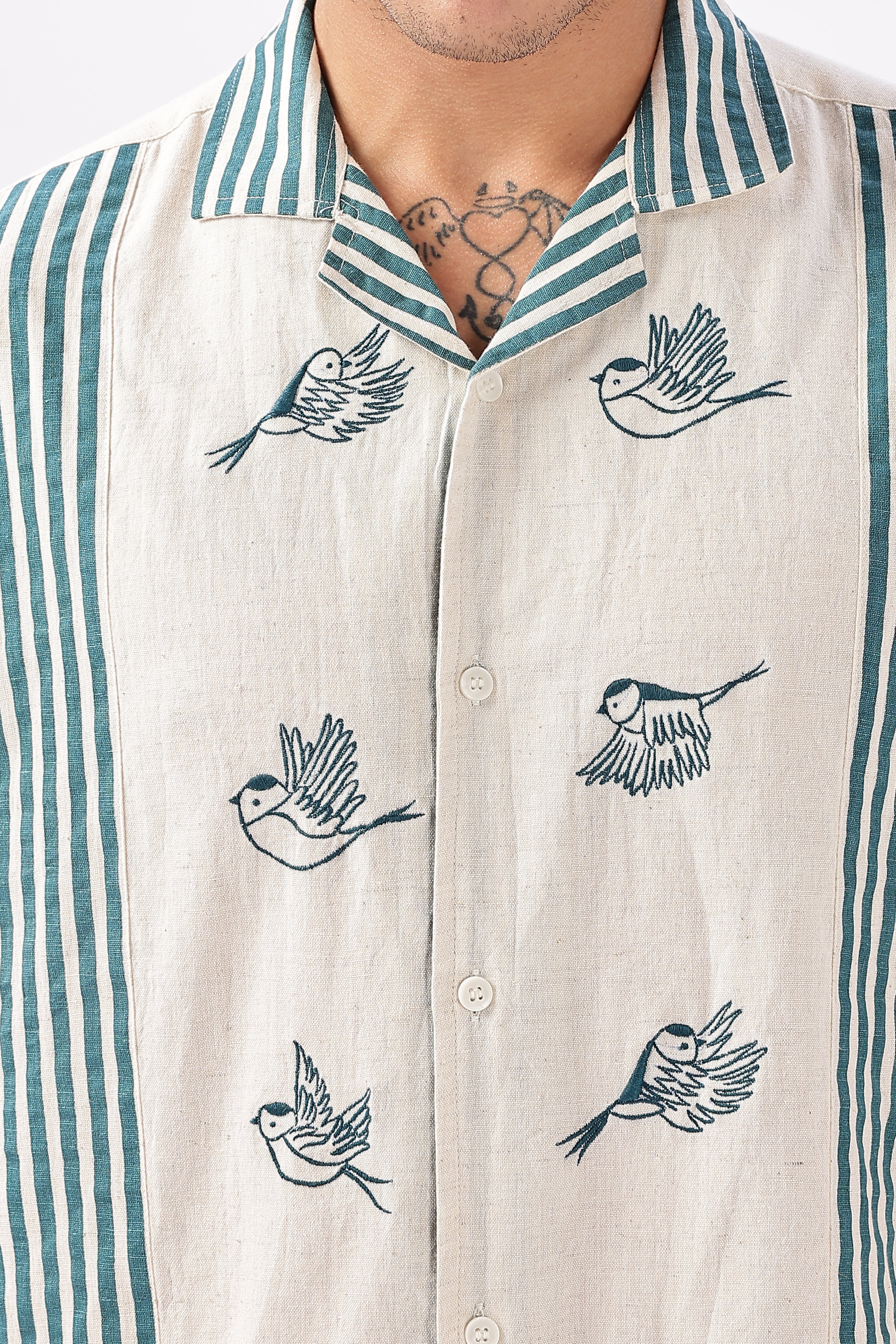 Soaring Sparrow Cotton Regular Fit Beige Embroidered Shirt