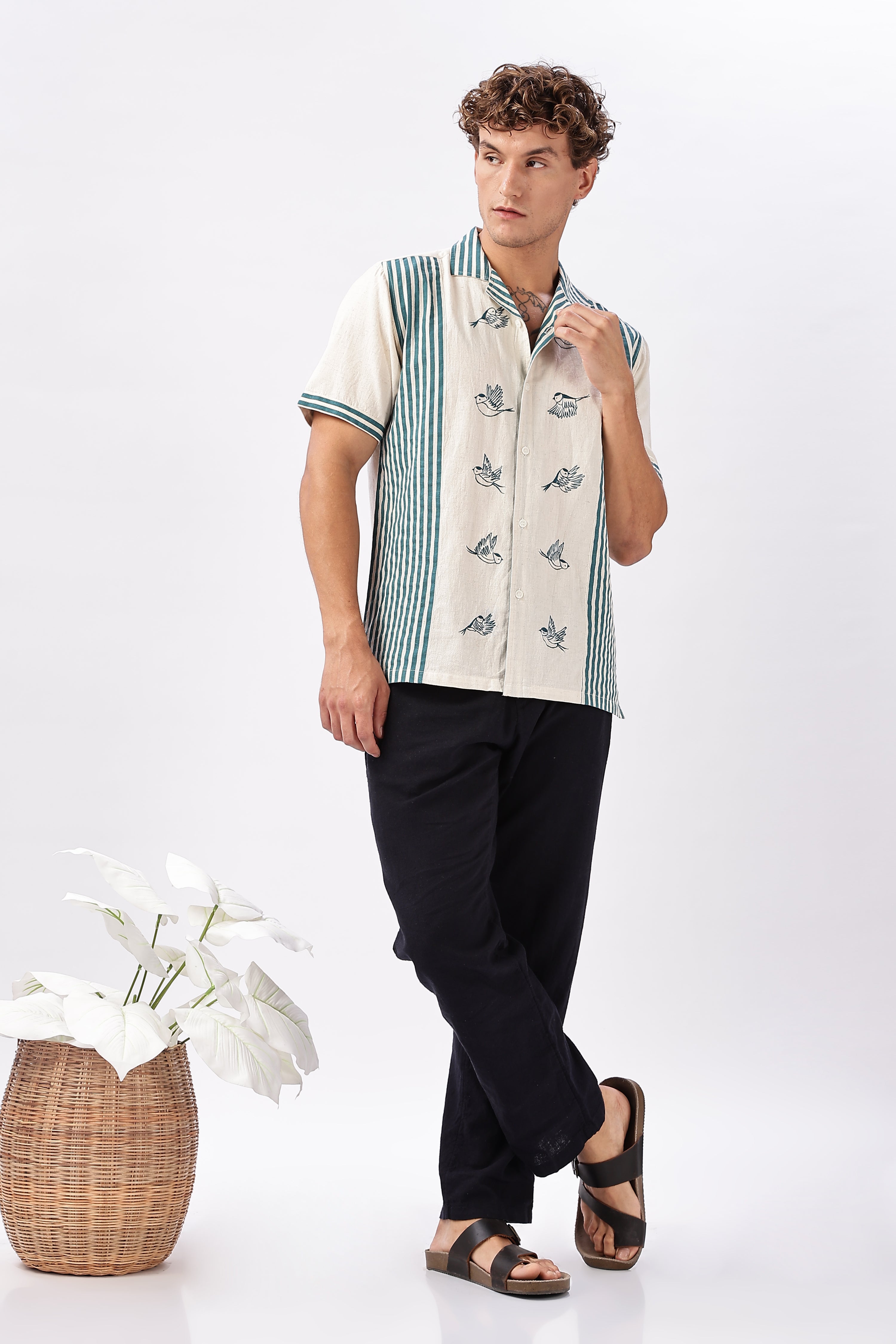 Soaring Sparrow Cotton Regular Fit Beige Embroidered Shirt