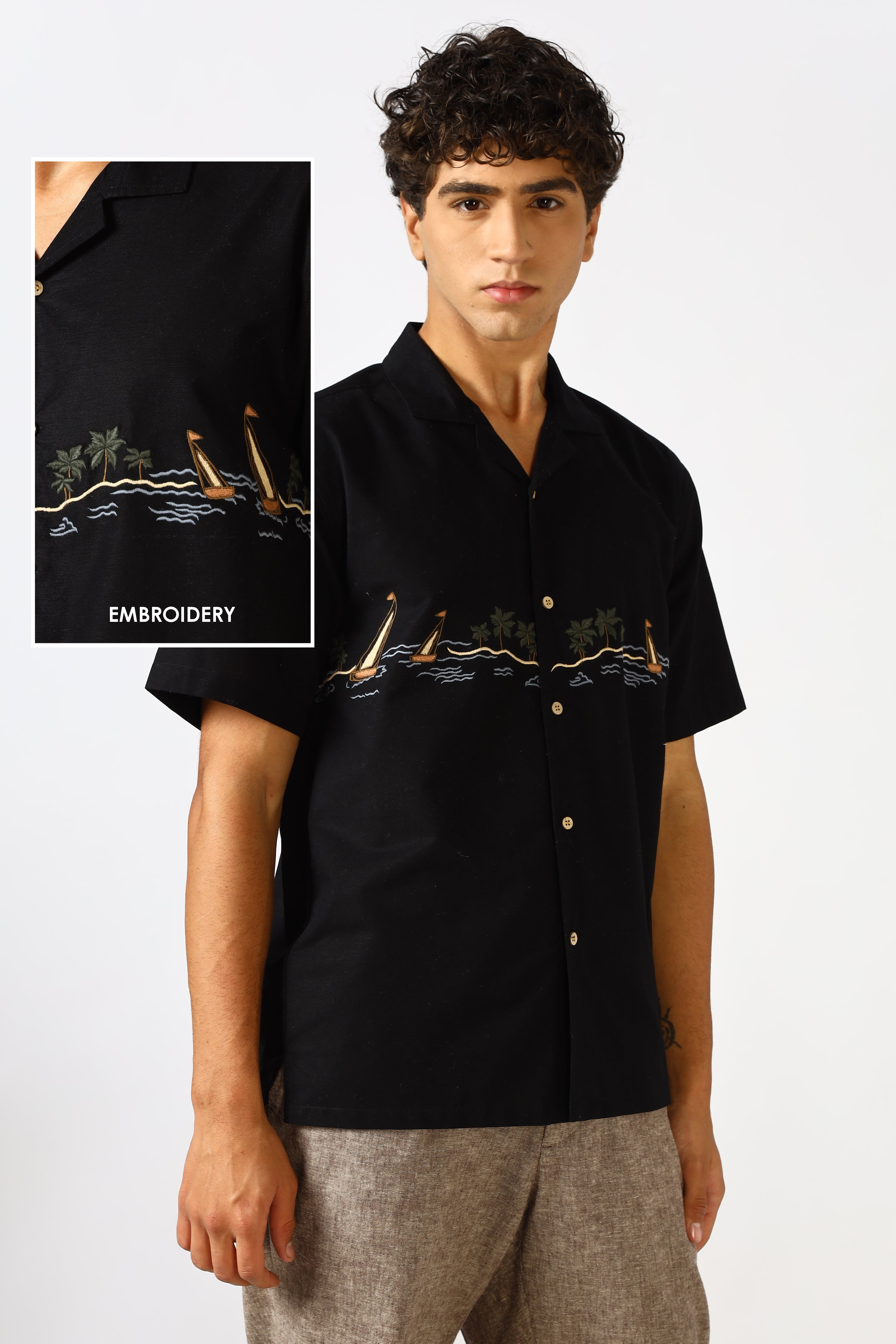 Seabreeze Voyage Cotton Box Fit Black Embroidered Shirt