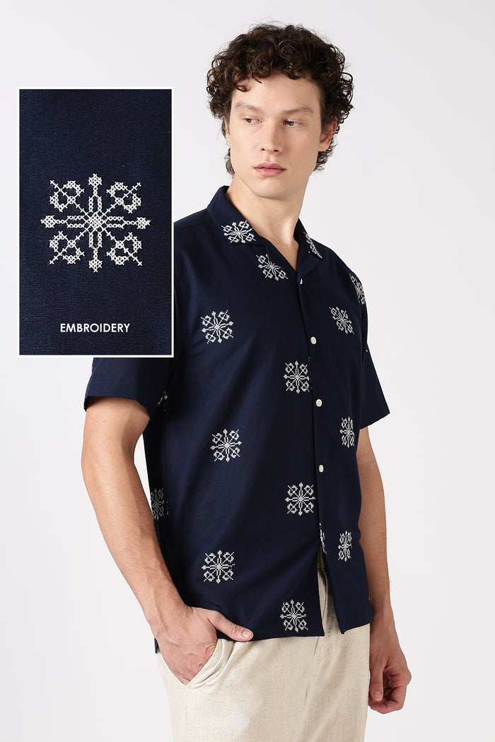 Midnight Crest Cotton Box Fit Blue Embroidered  Shirt