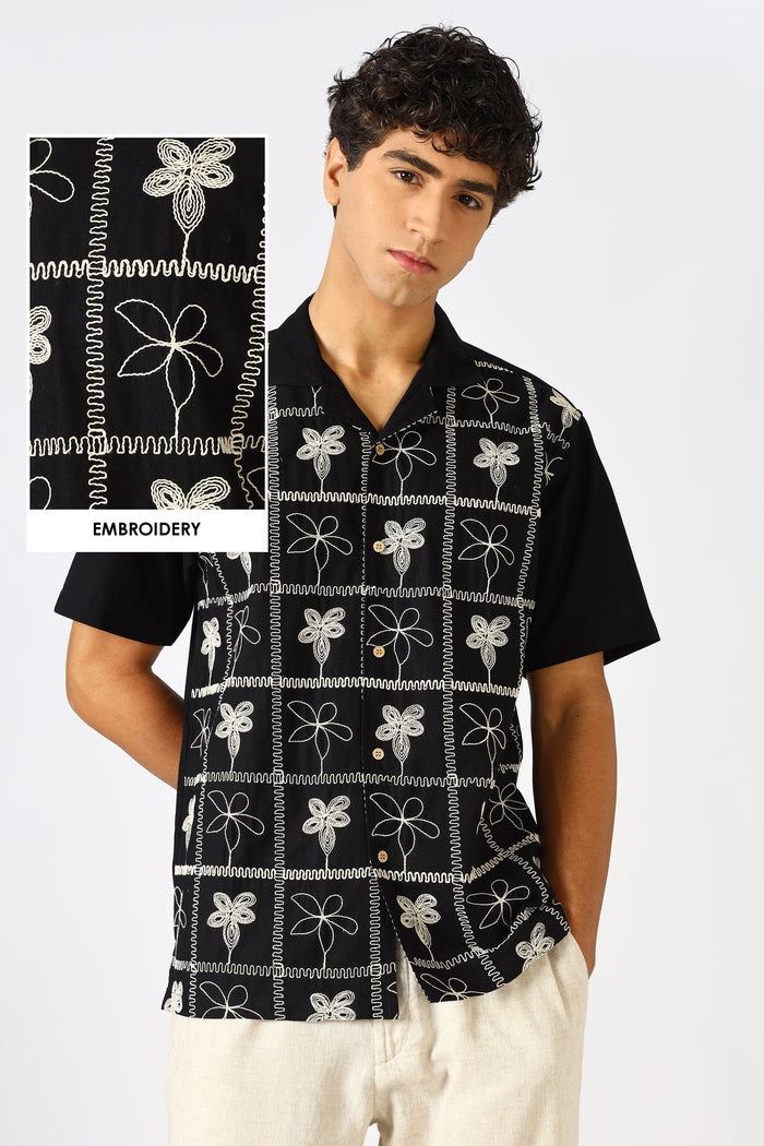 Starlit Petal Cotton Box Fit Black Embroidered Shirt