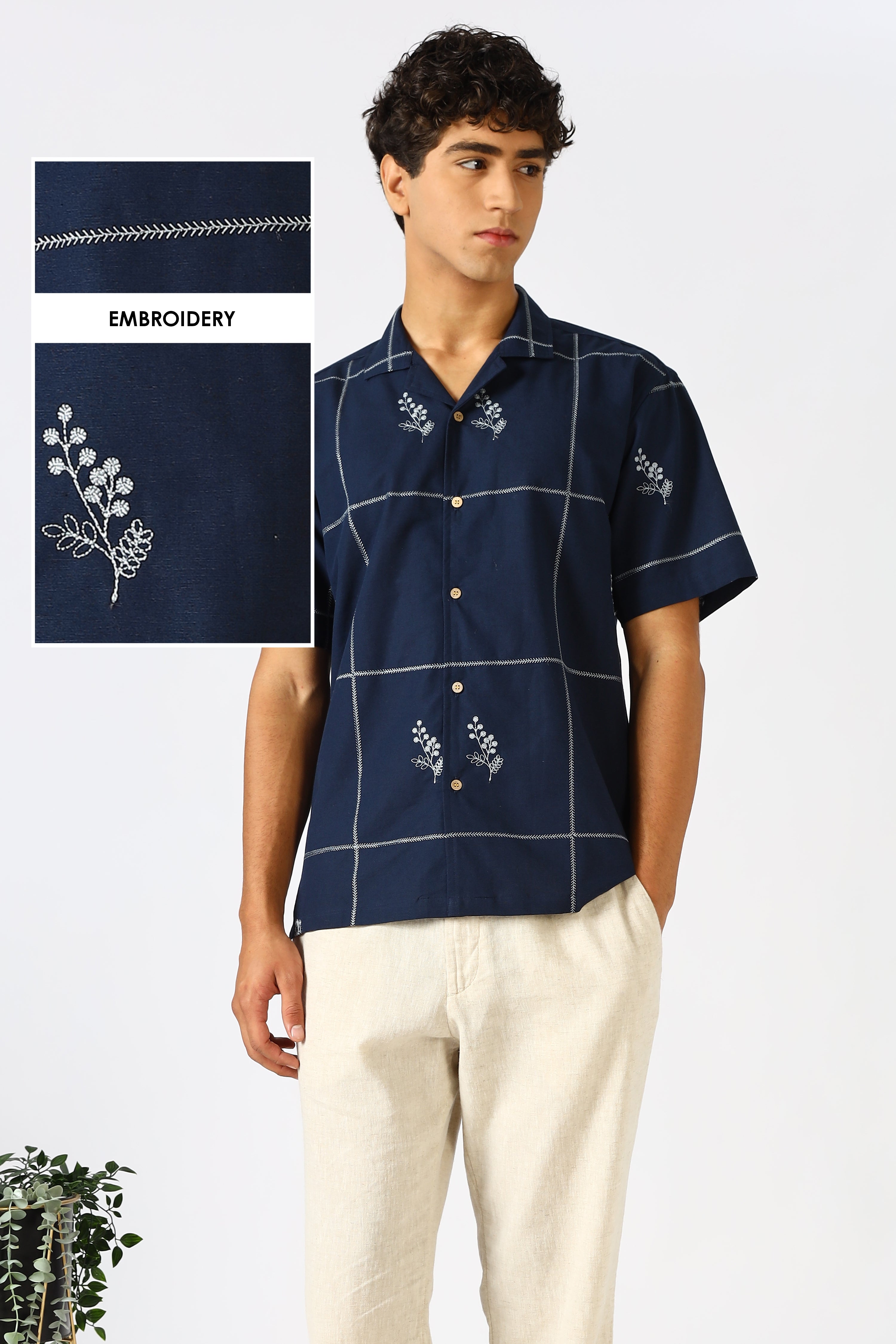 Coastal Grid Embroidered Cuban White Shirt