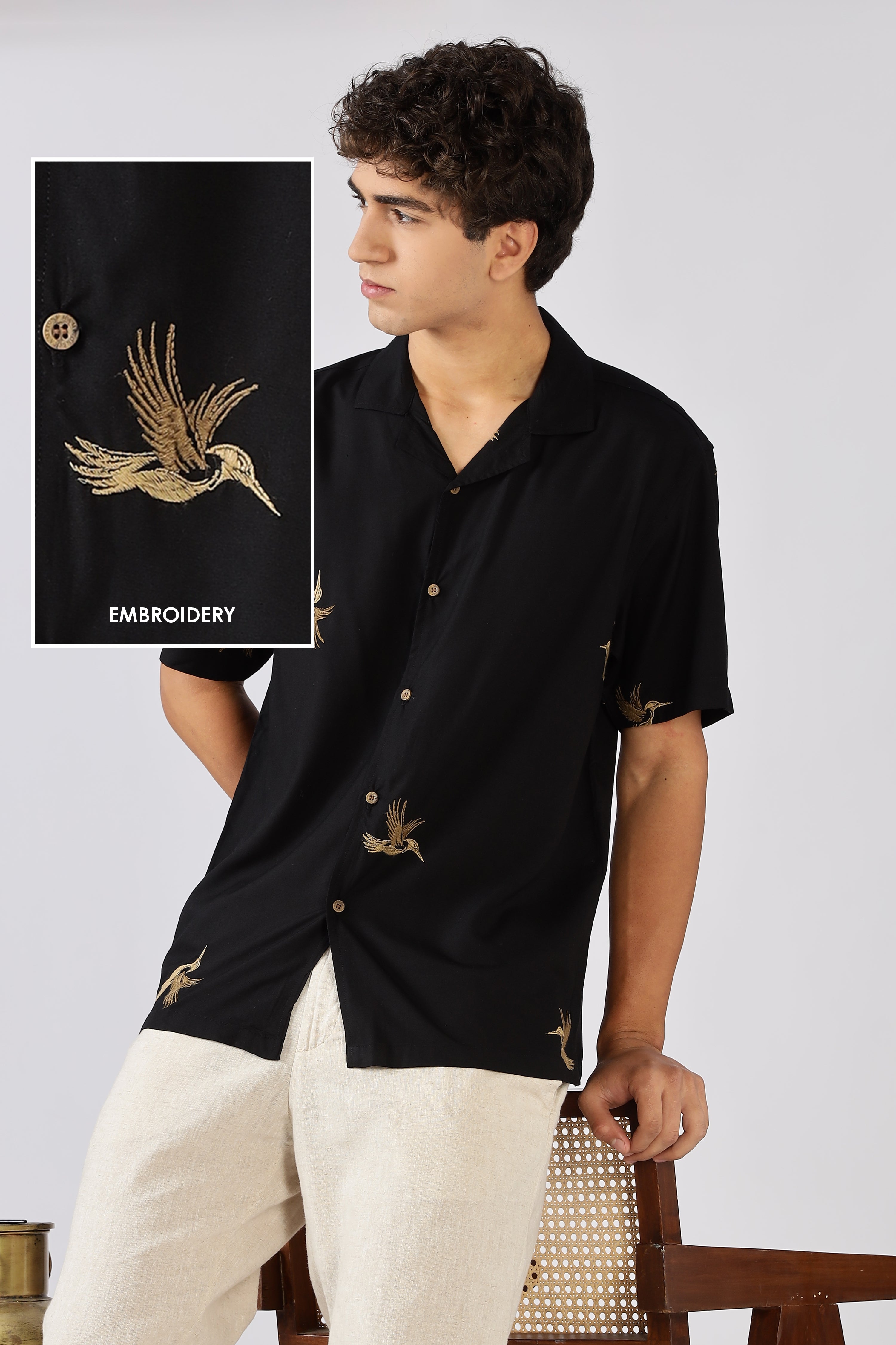 Golden Flight Cotton Box Fit Black Embroidered Shirt