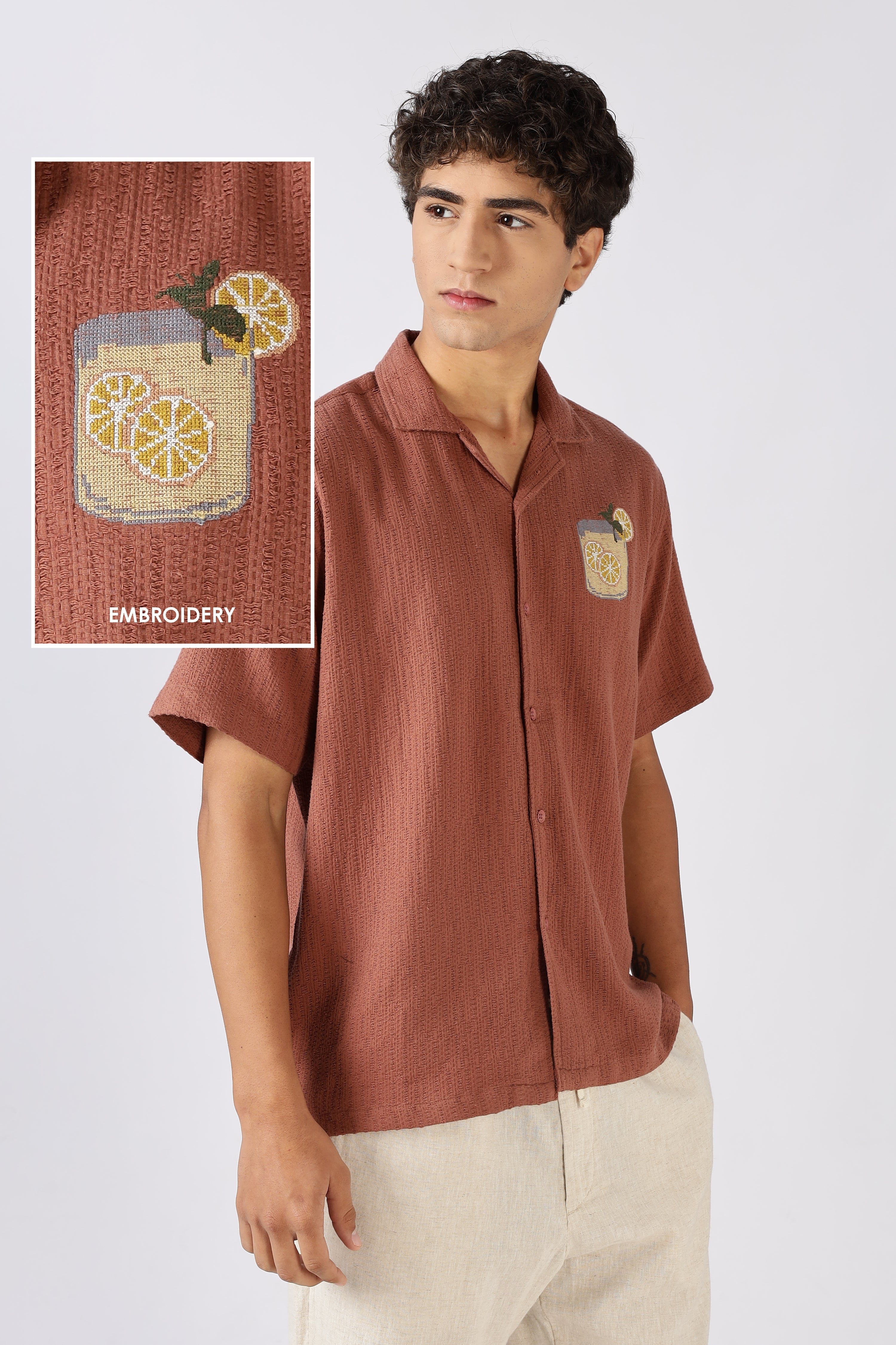 Citrus Spritz Textured Box Fit Orange Embroidered Shirt