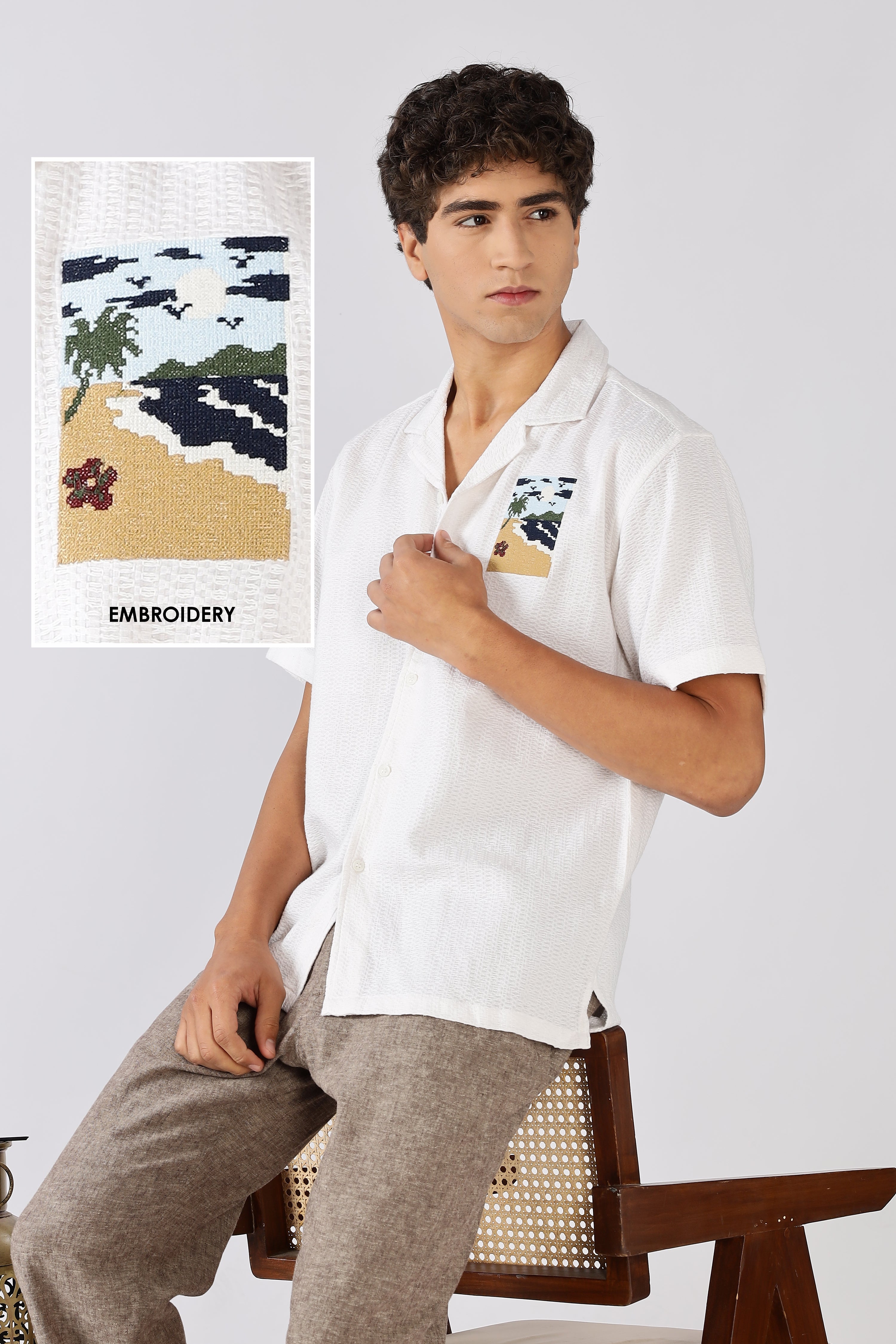 Sunset Shore Cotton Box Fit White Embroidered Shirt