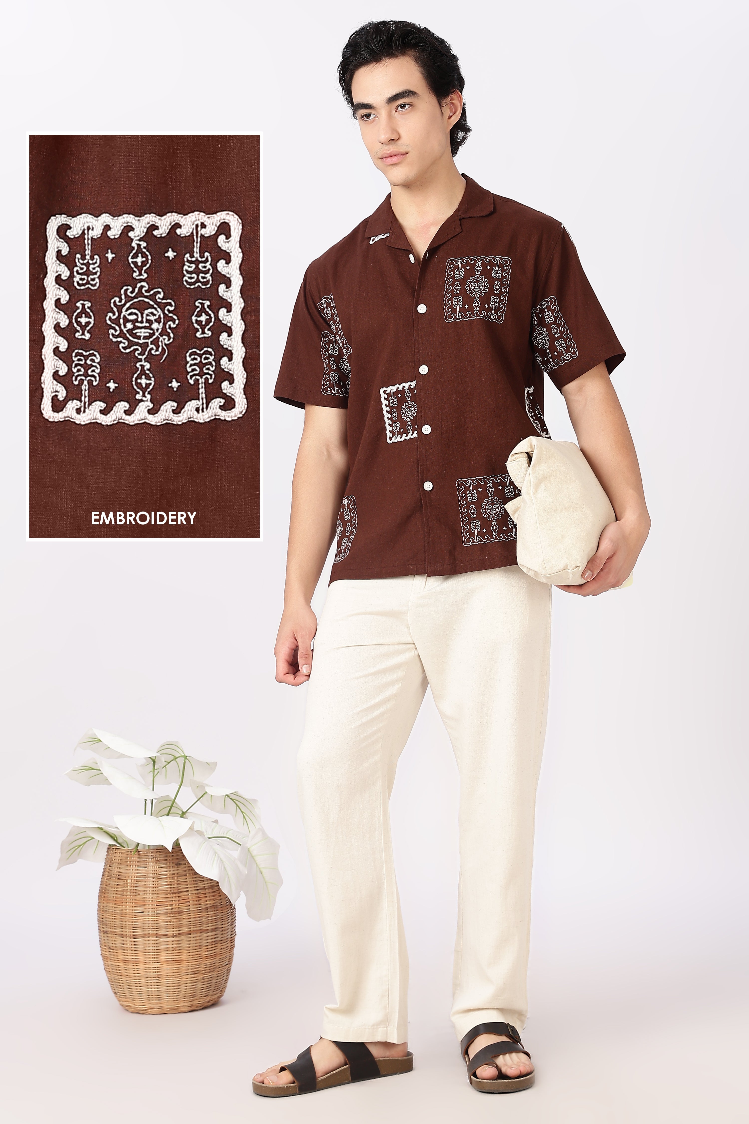 Desert Mosaic Cotton Box Fit Brown Embroidered Shirt
