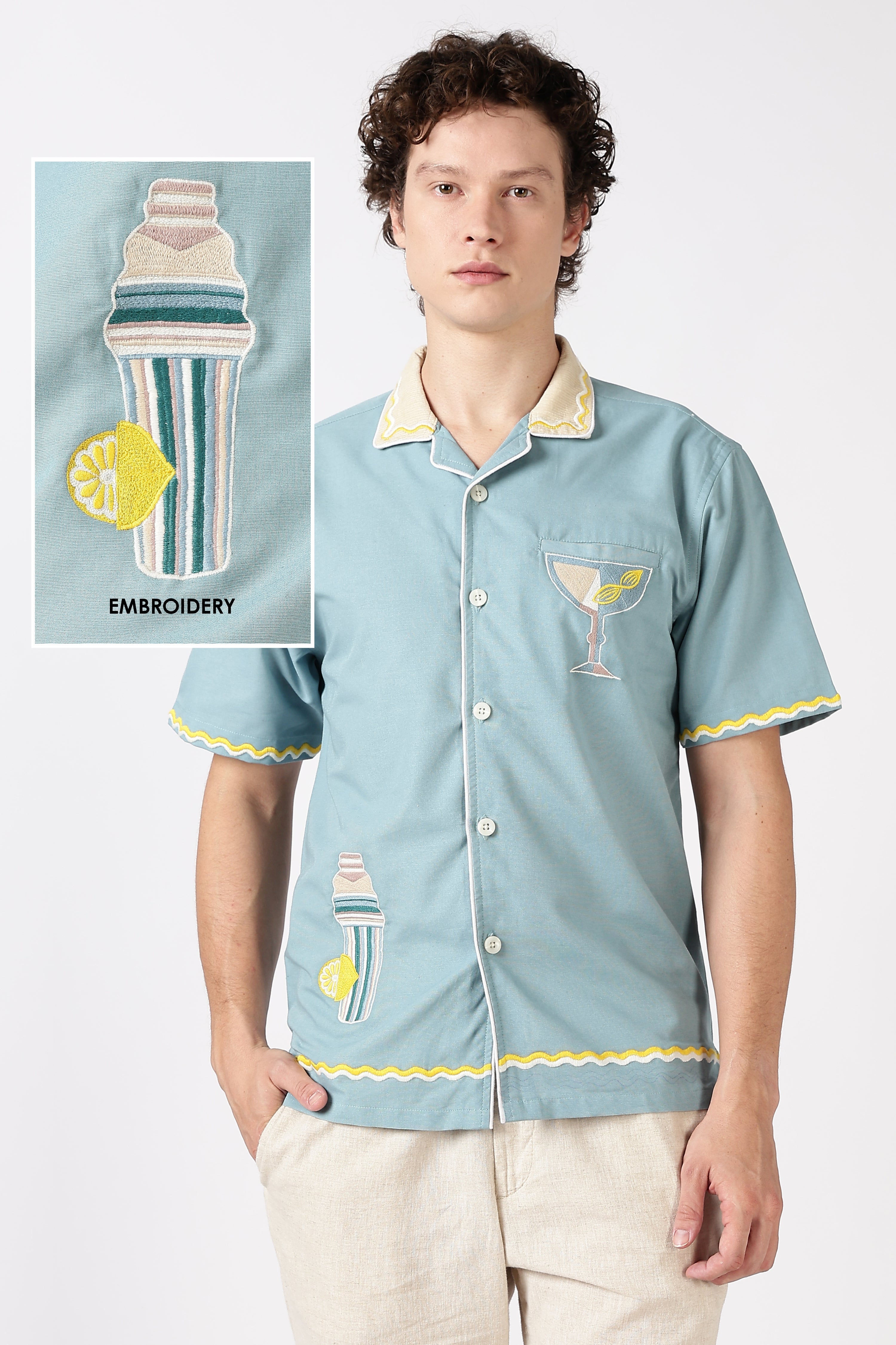 Party Perfect Mint Green Box Fit Sky Blue Embroidered Shirt