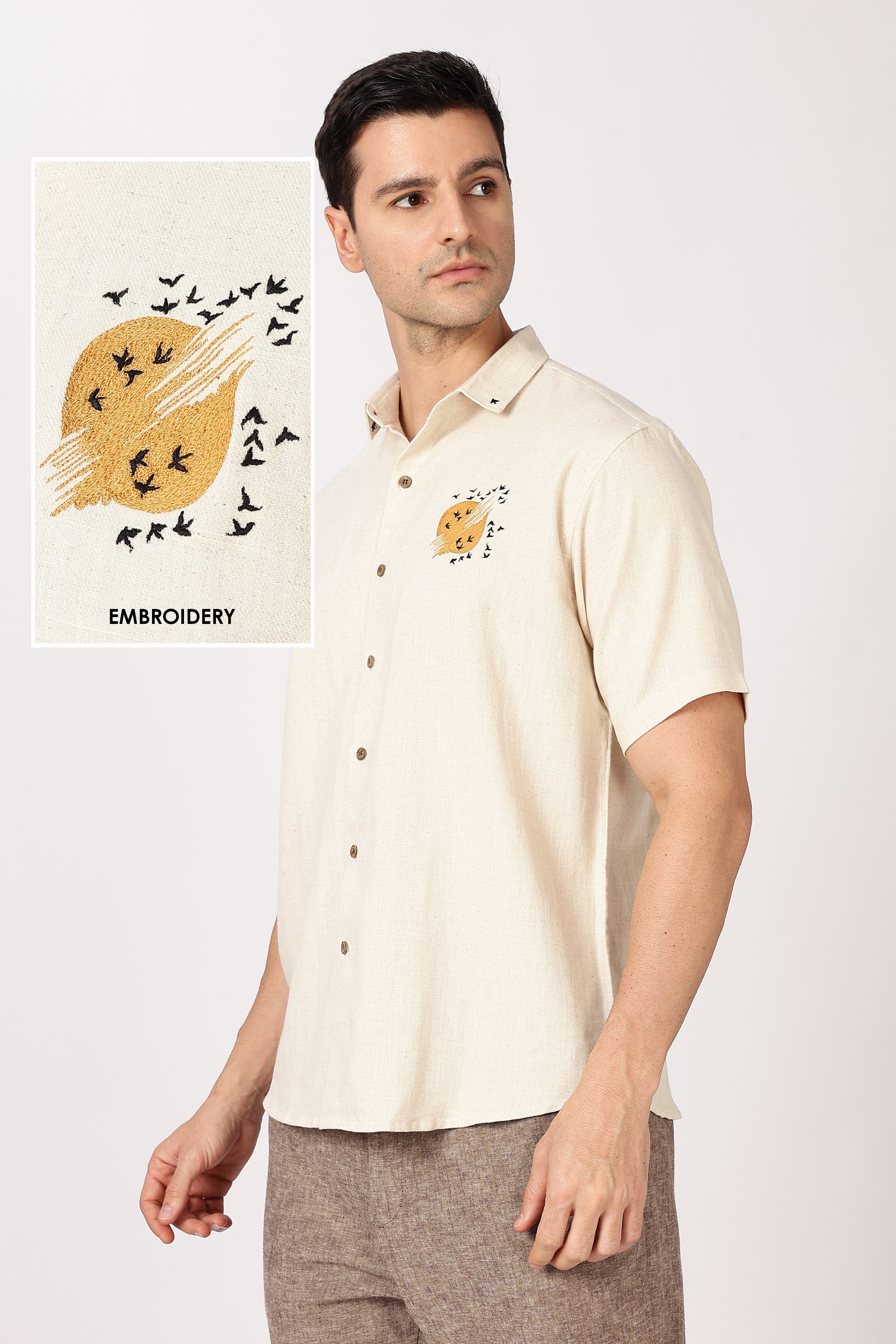Sunflight Cotton Regular Fit Beige Embroidered Shirt