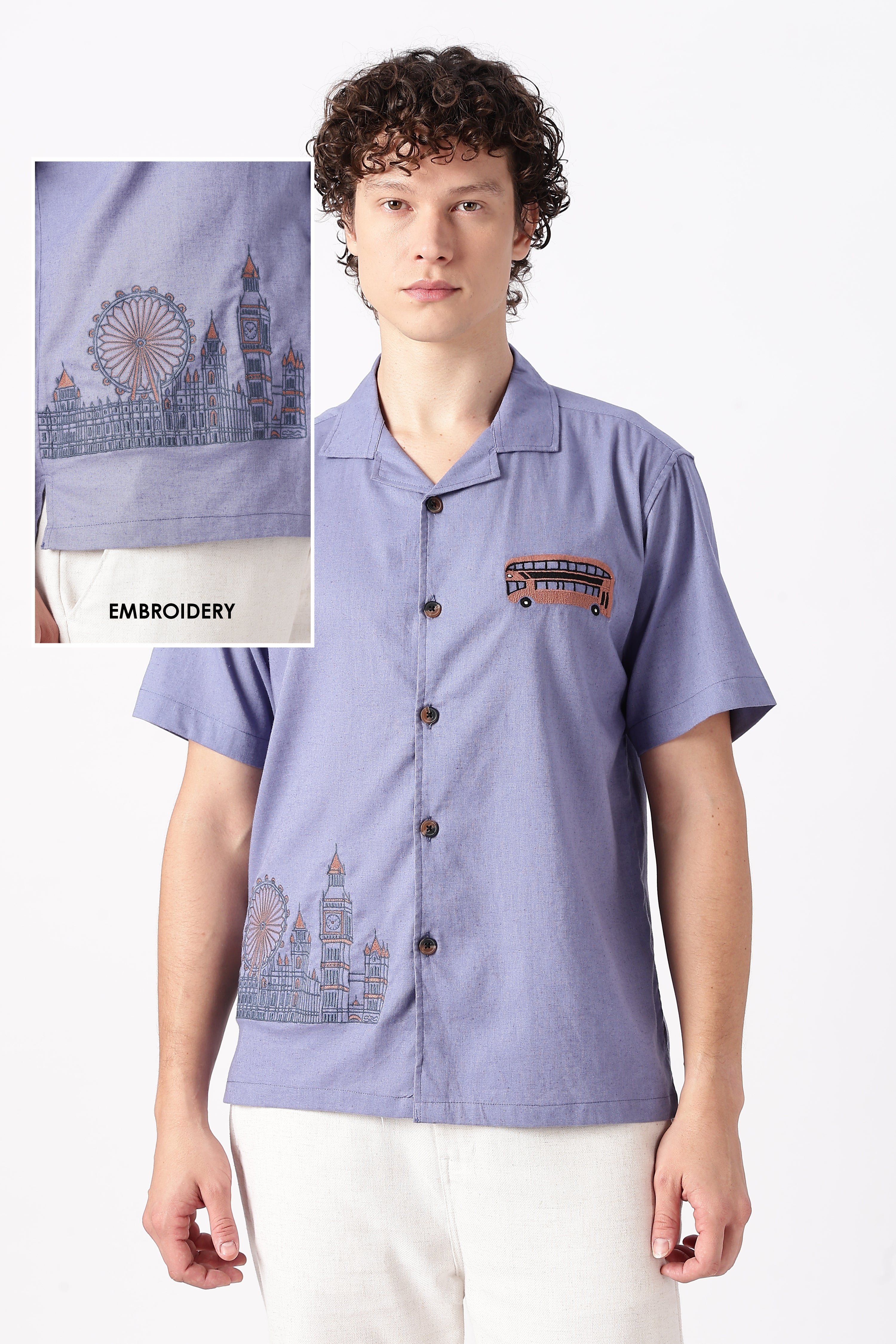 London Life Cotton Box Fit Beige Embroidered Shirt