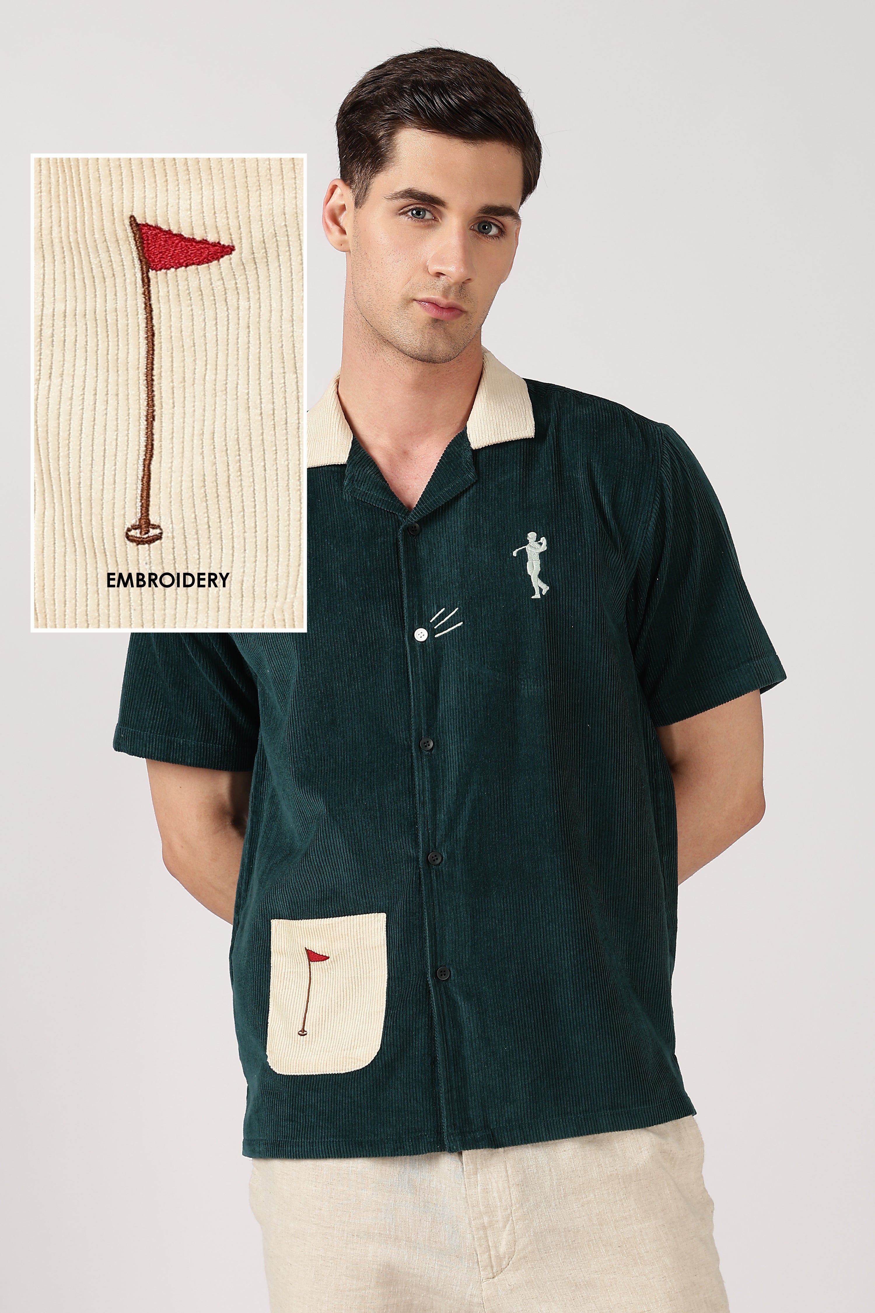 Fairway Flag Cotton Corduroy Box Fit Mint Green Embroidered Shirt