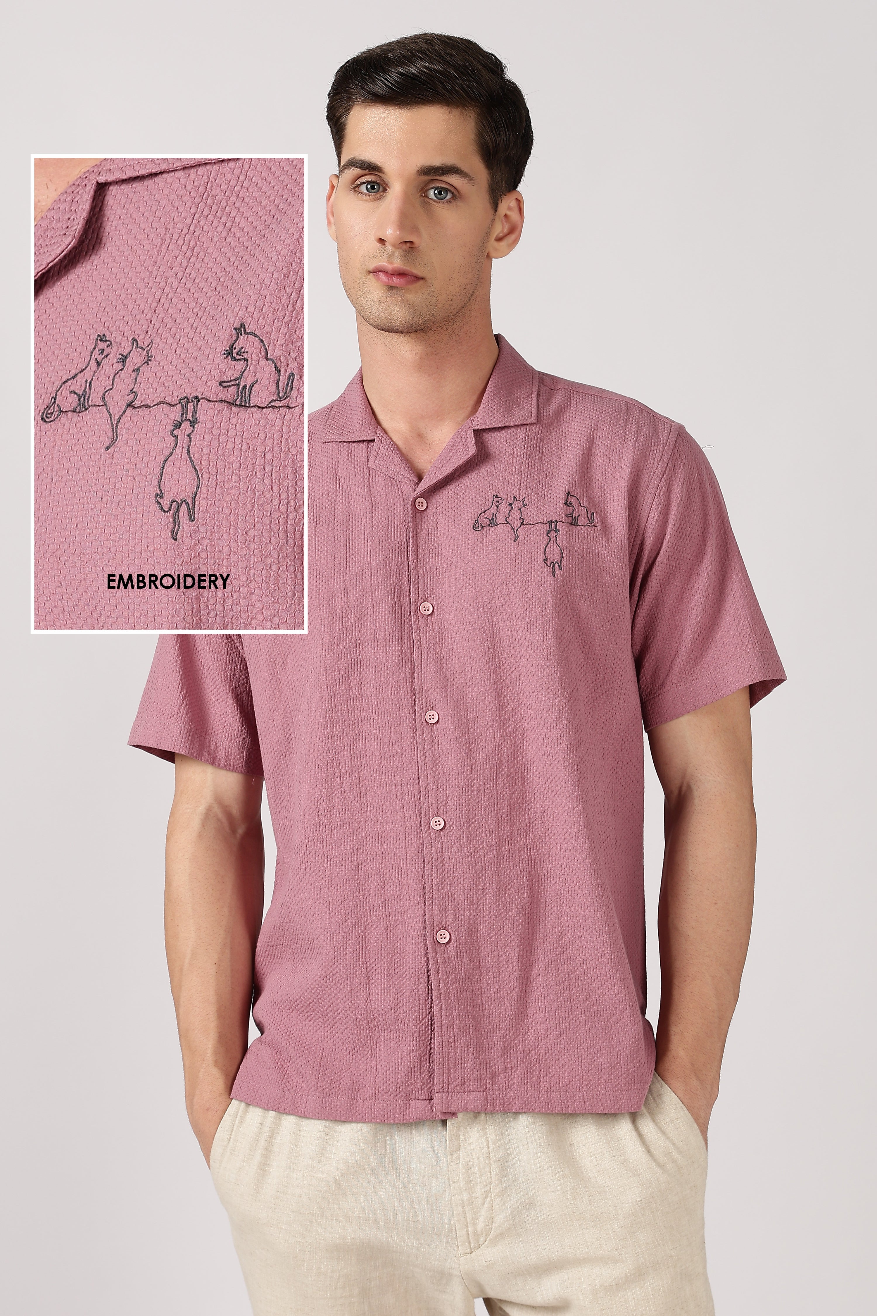 Playful Paws Cotton Box Fit Pink Embroidered Shirt