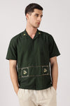 Forest Bee Cotton Box Fit Dark Green Embroidered Shirt