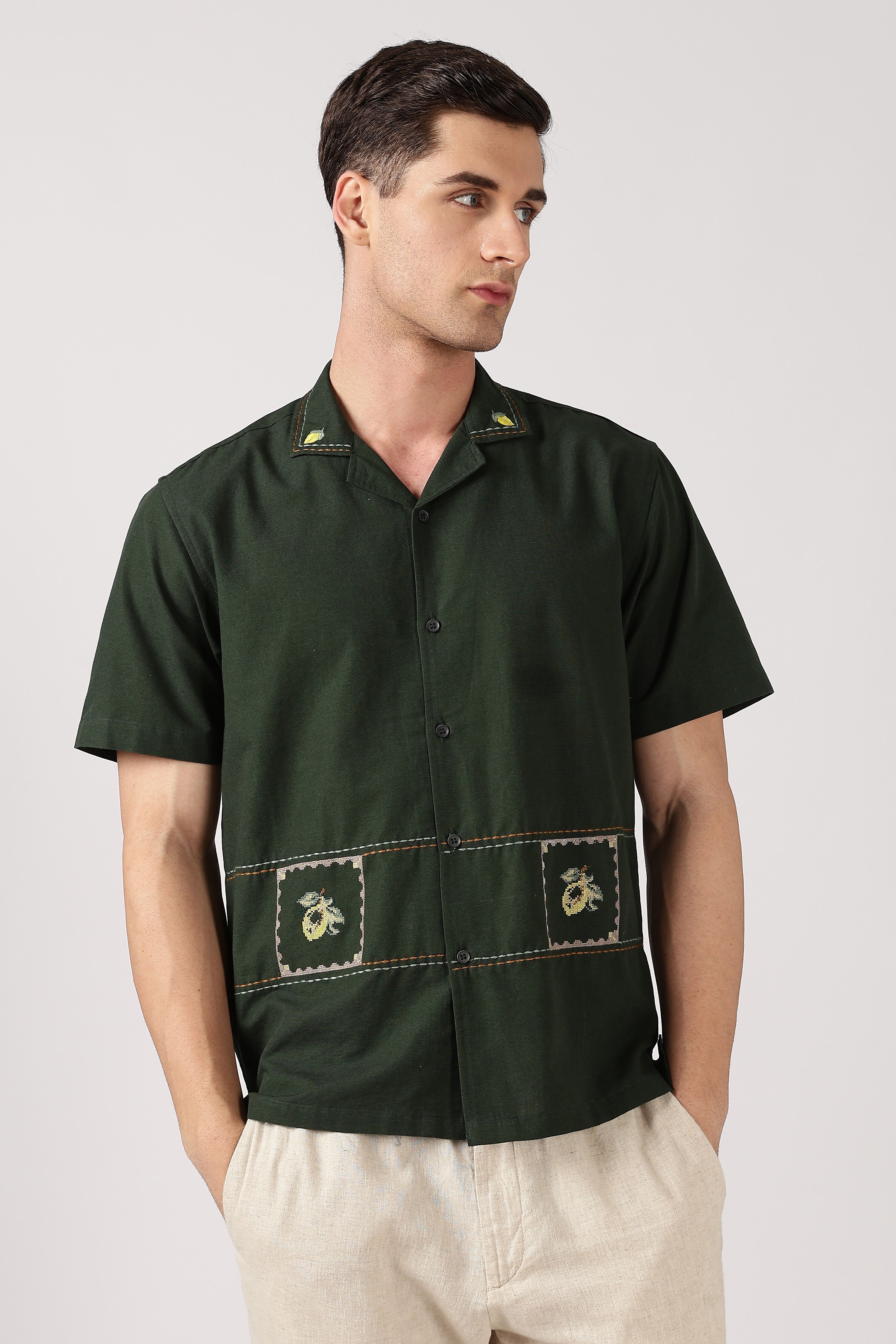Forest Bee Cotton Box Fit Dark Green Embroidered Shirt