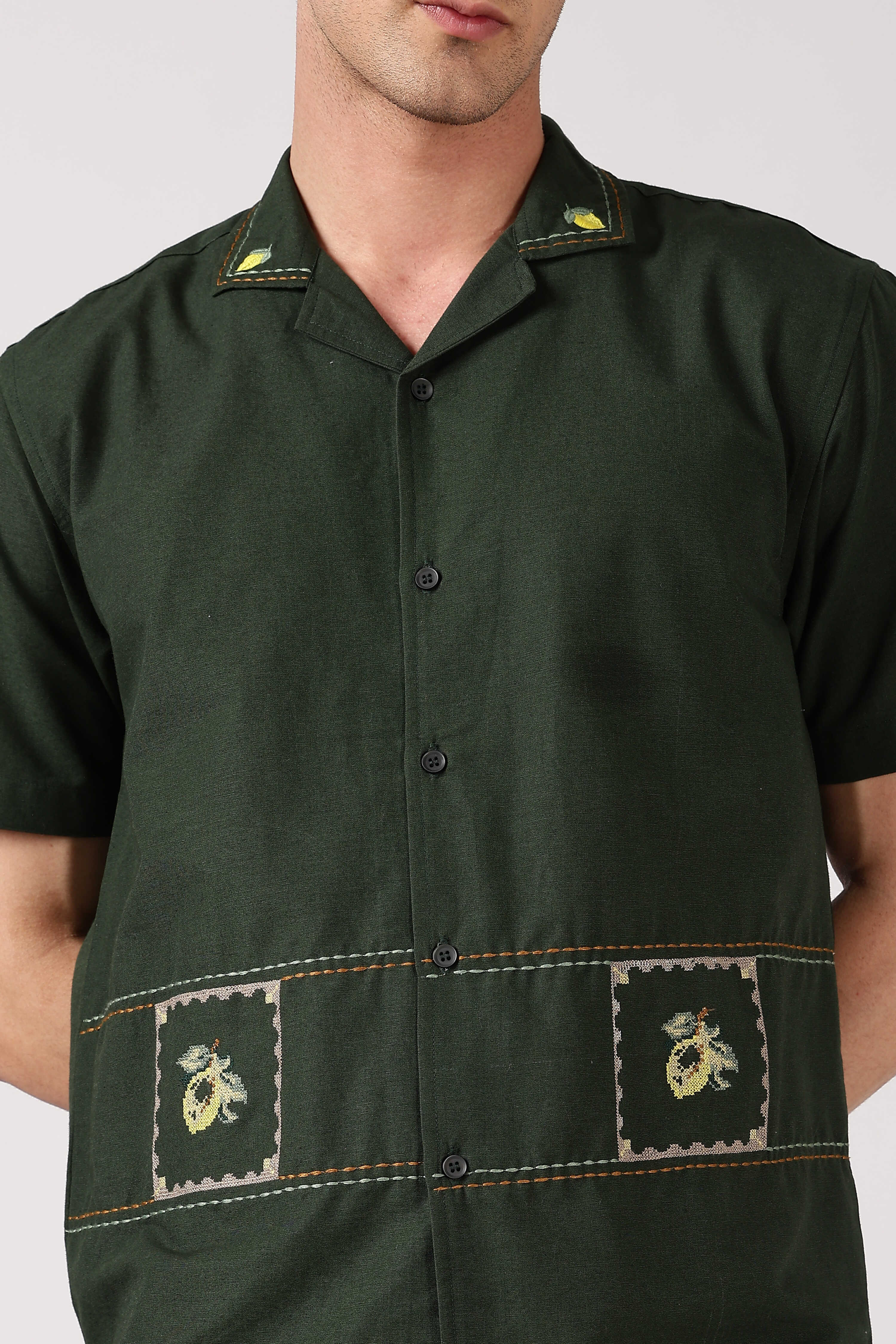 Forest Bee Cotton Box Fit Dark Green Embroidered Shirt
