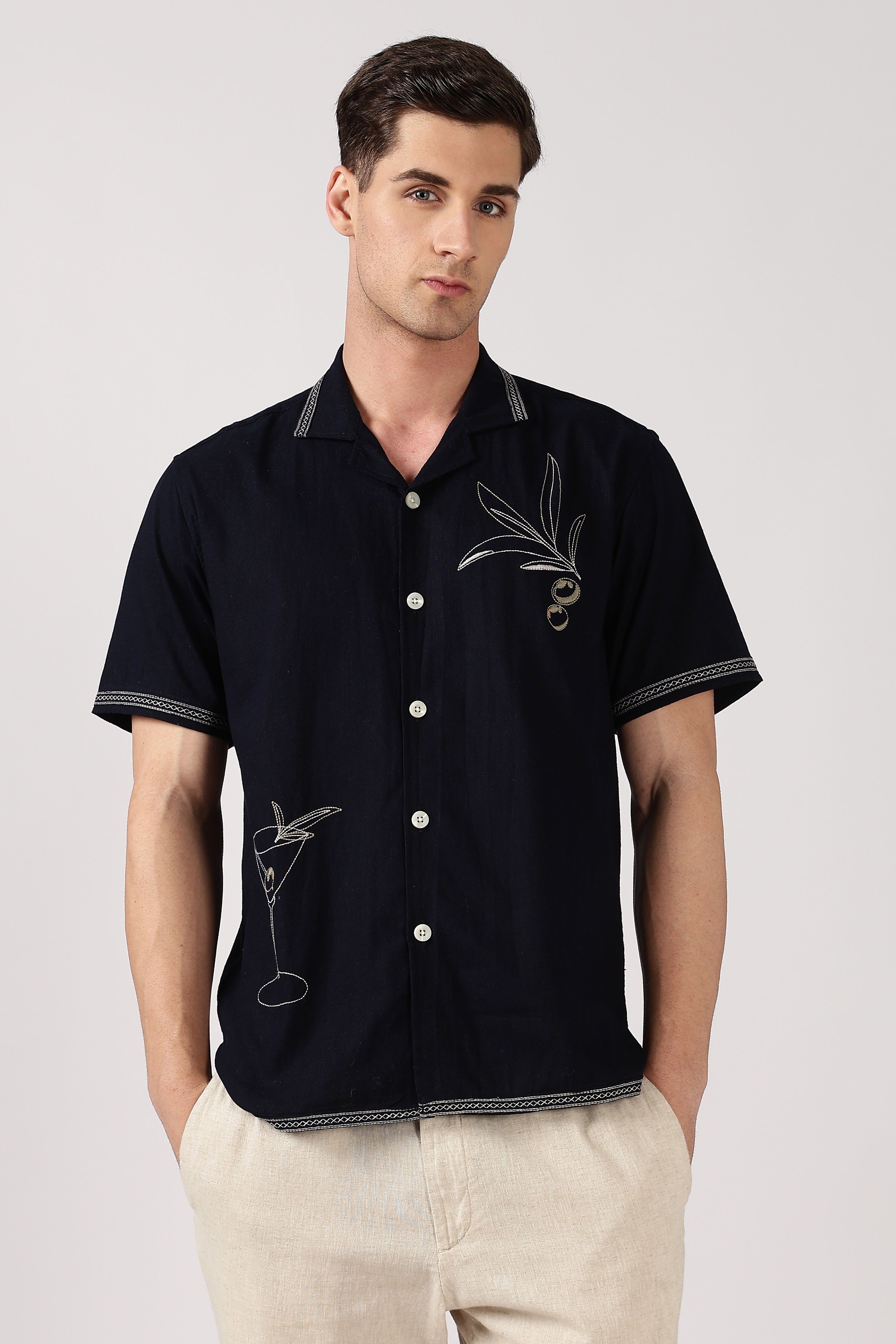 Olive Branch Cotton Box Fit Blue Embroidered Shirt