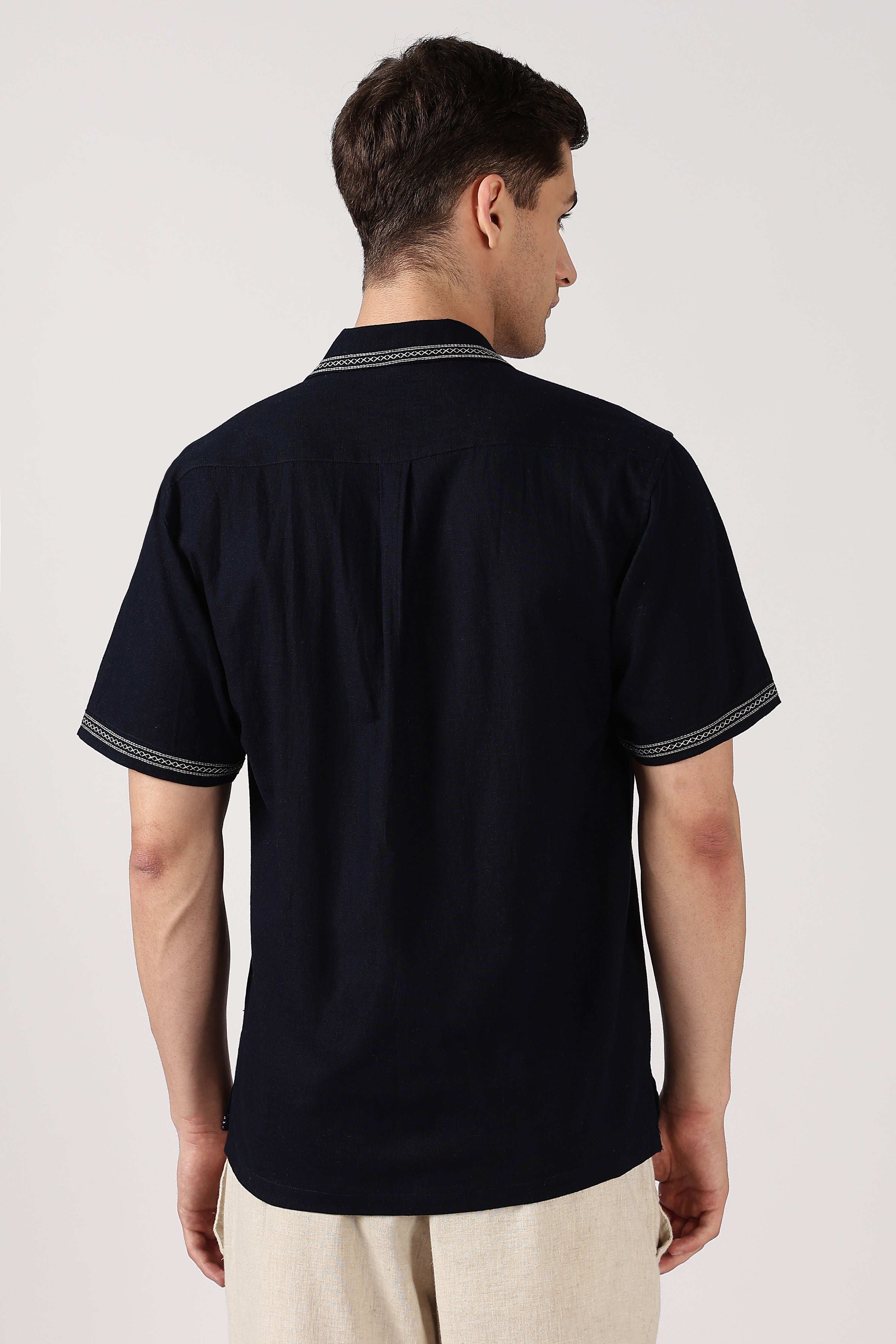 Olive Branch Cotton Box Fit Blue Embroidered Shirt