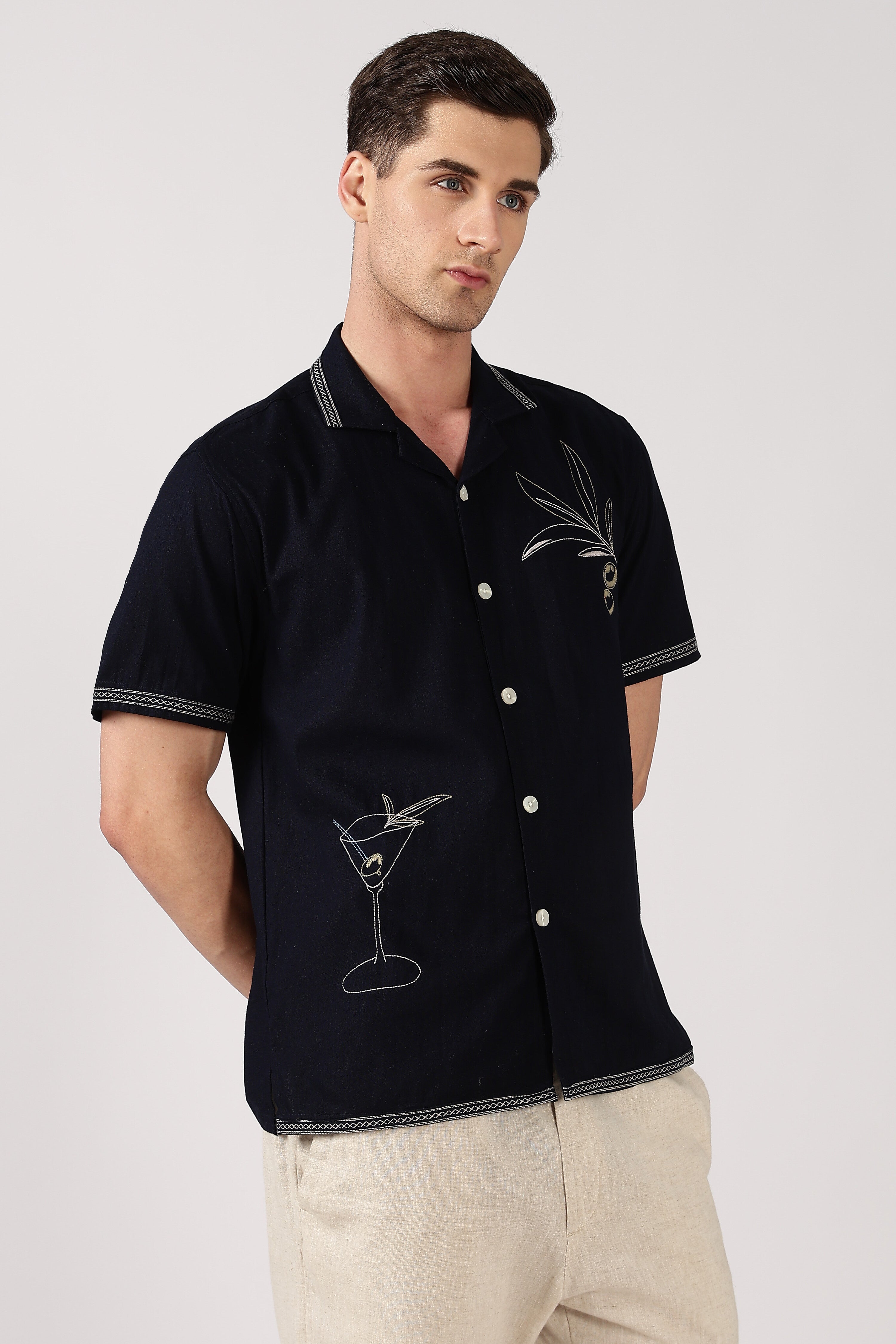 Olive Branch Cotton Box Fit Blue Embroidered Shirt