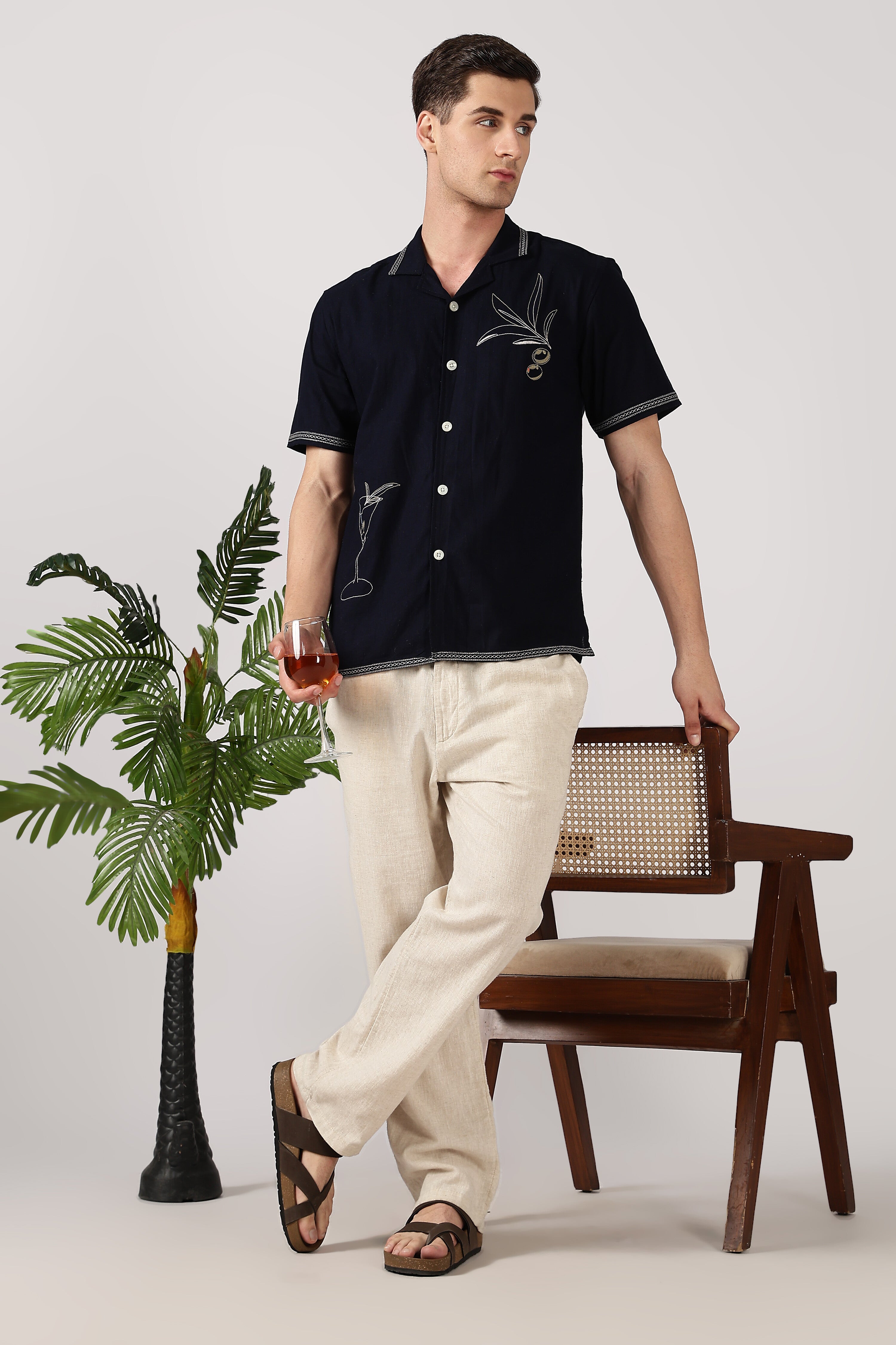 Olive Branch Cotton Box Fit Blue Embroidered Shirt
