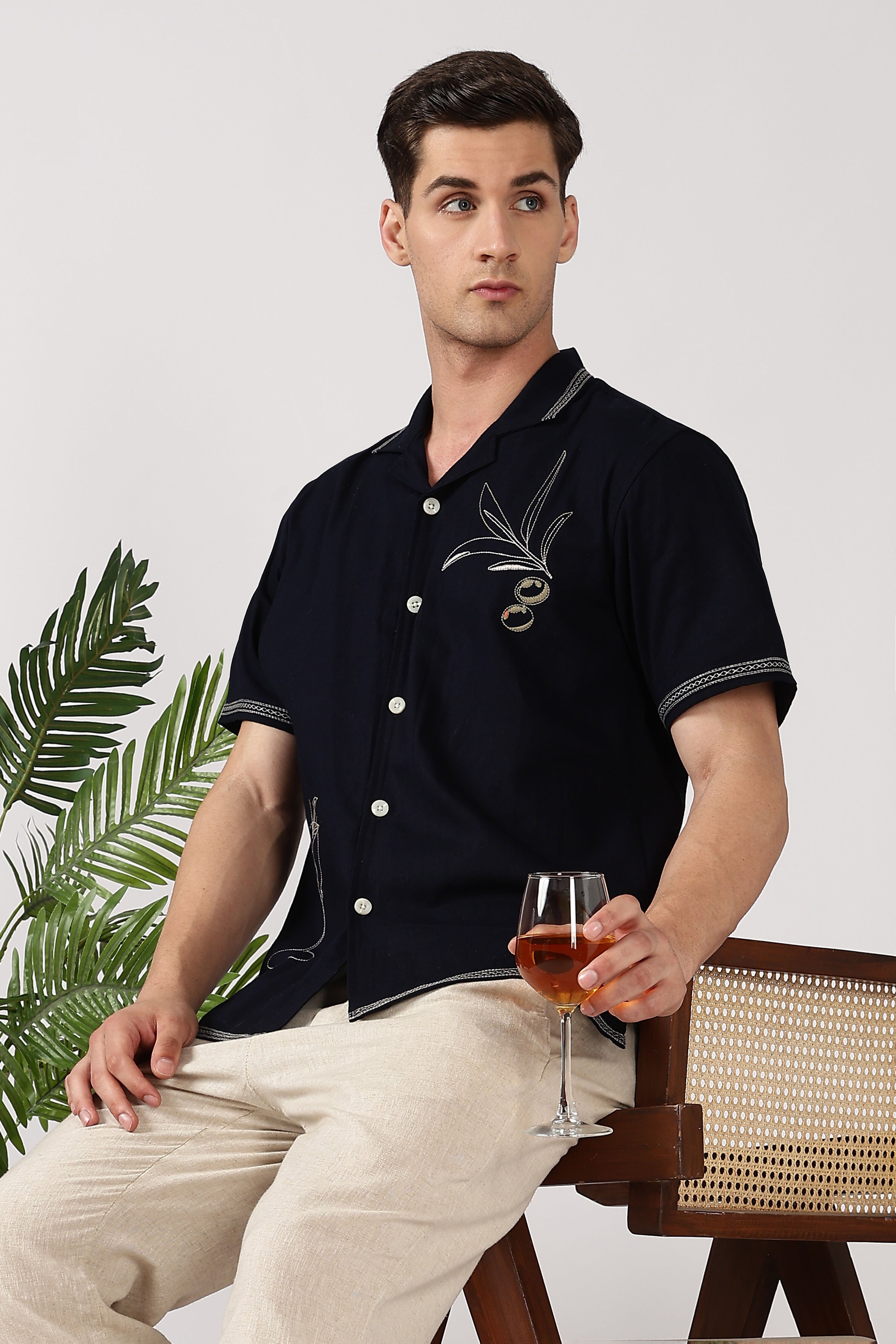Olive Branch Cotton Box Fit Blue Embroidered Shirt