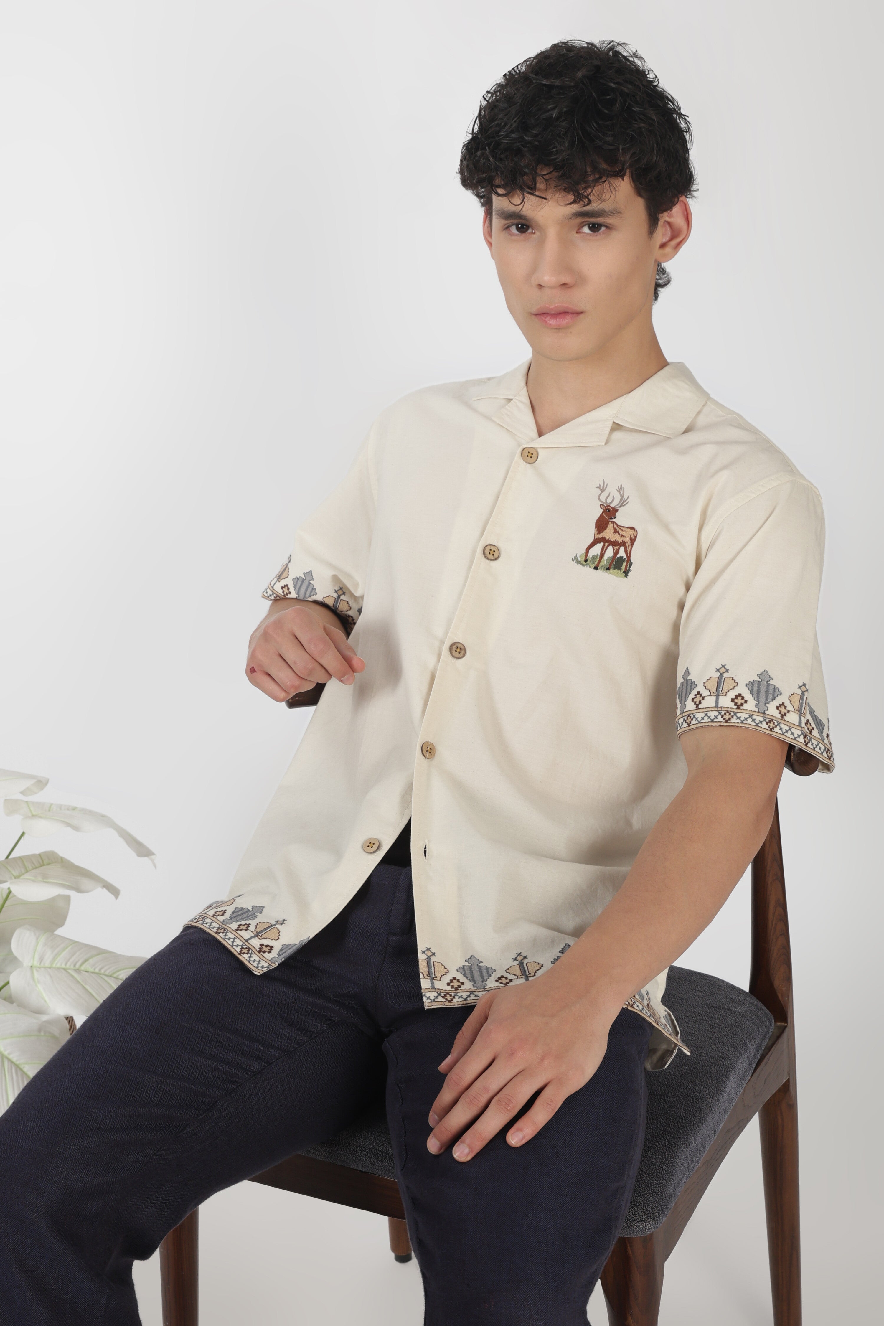 Stag Trail Cotton Box Fit Beige Embroidered Shirt